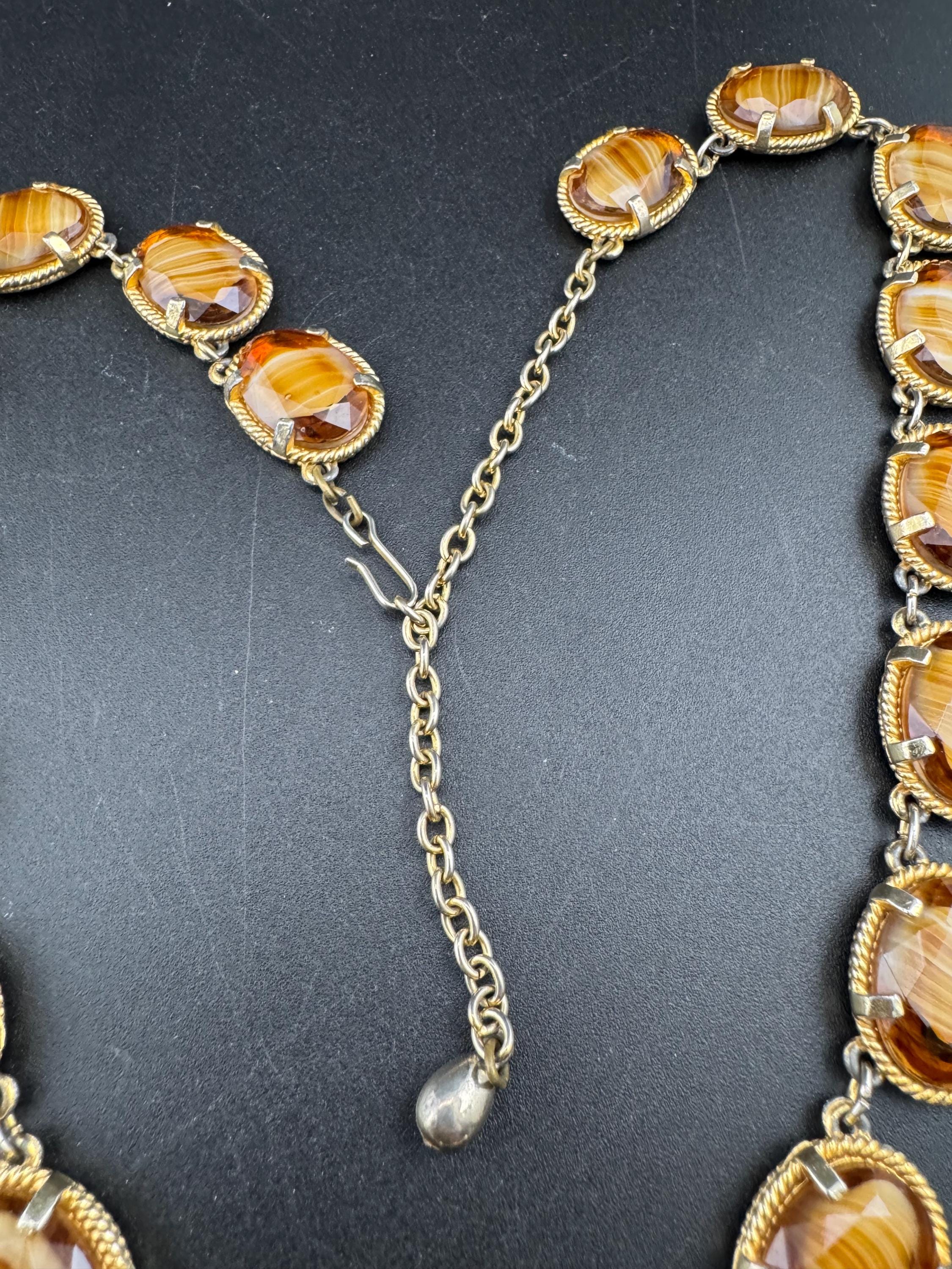 Vintage warm brown marbled givre glass cabochon panel link necklace mid century