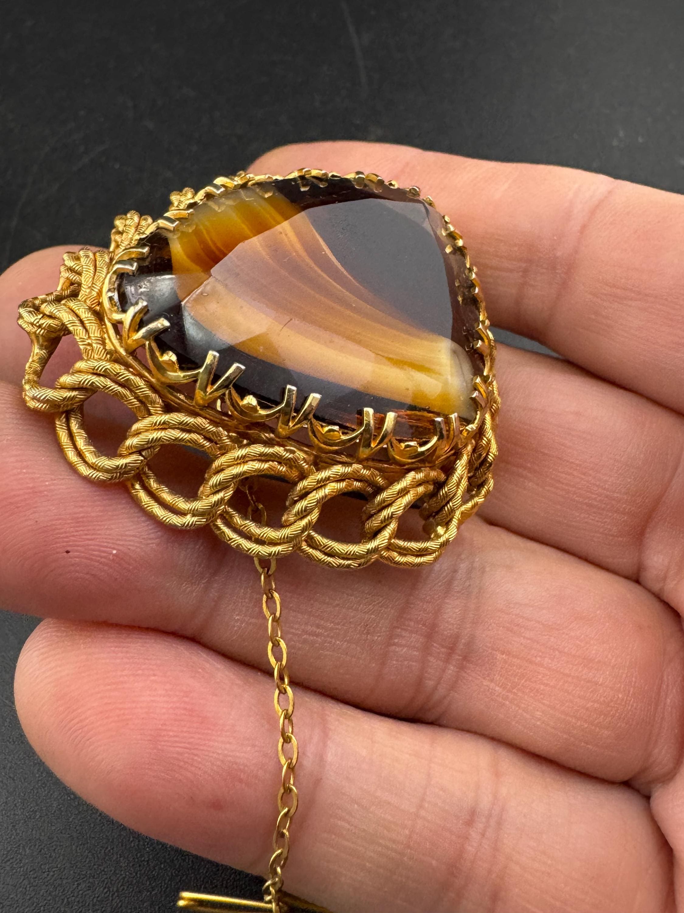 Vintage brown Celtic Brooch: Faux Agate Givre Glass, 1960s