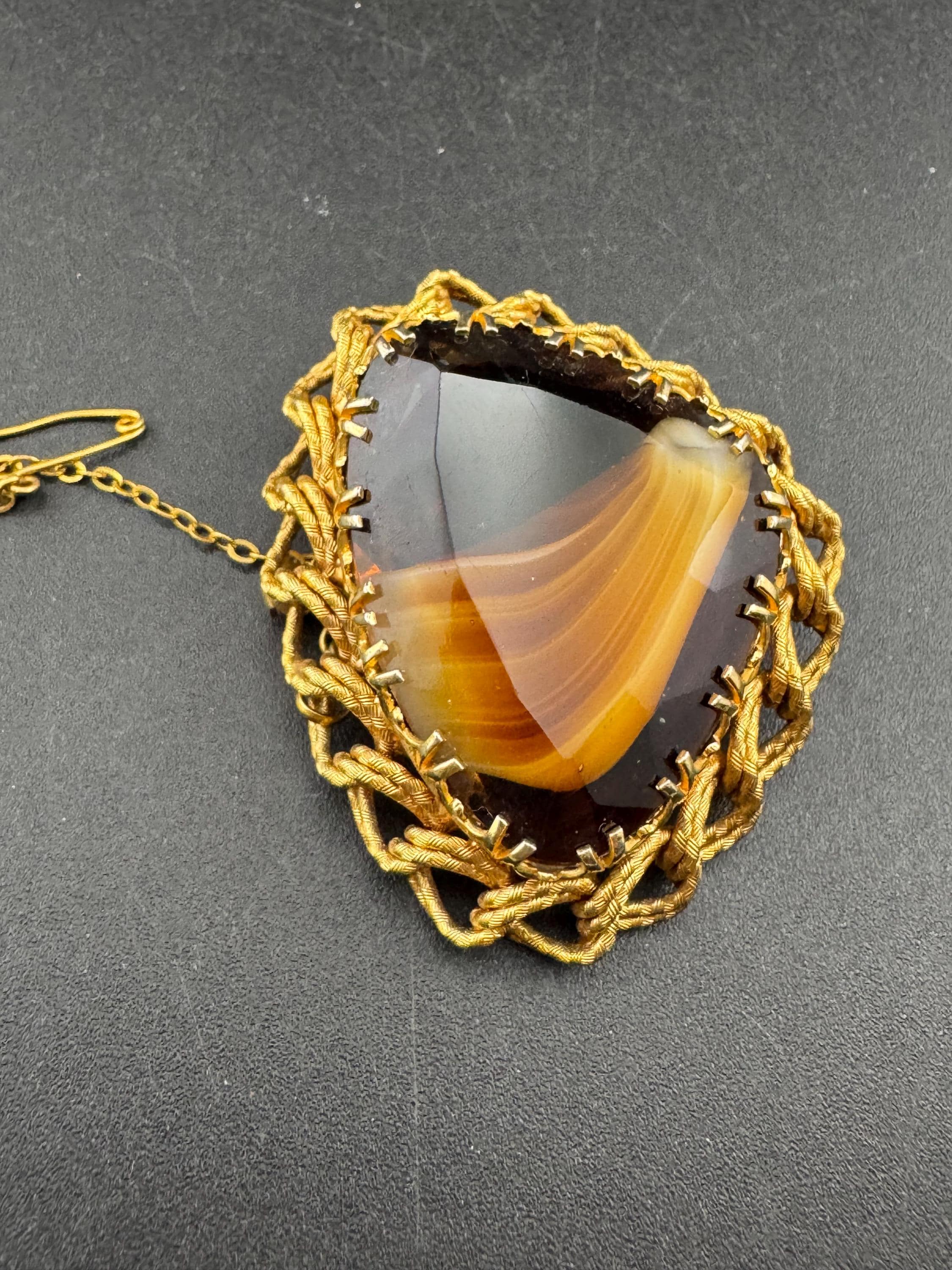 Vintage brown Celtic Brooch: Faux Agate Givre Glass, 1960s