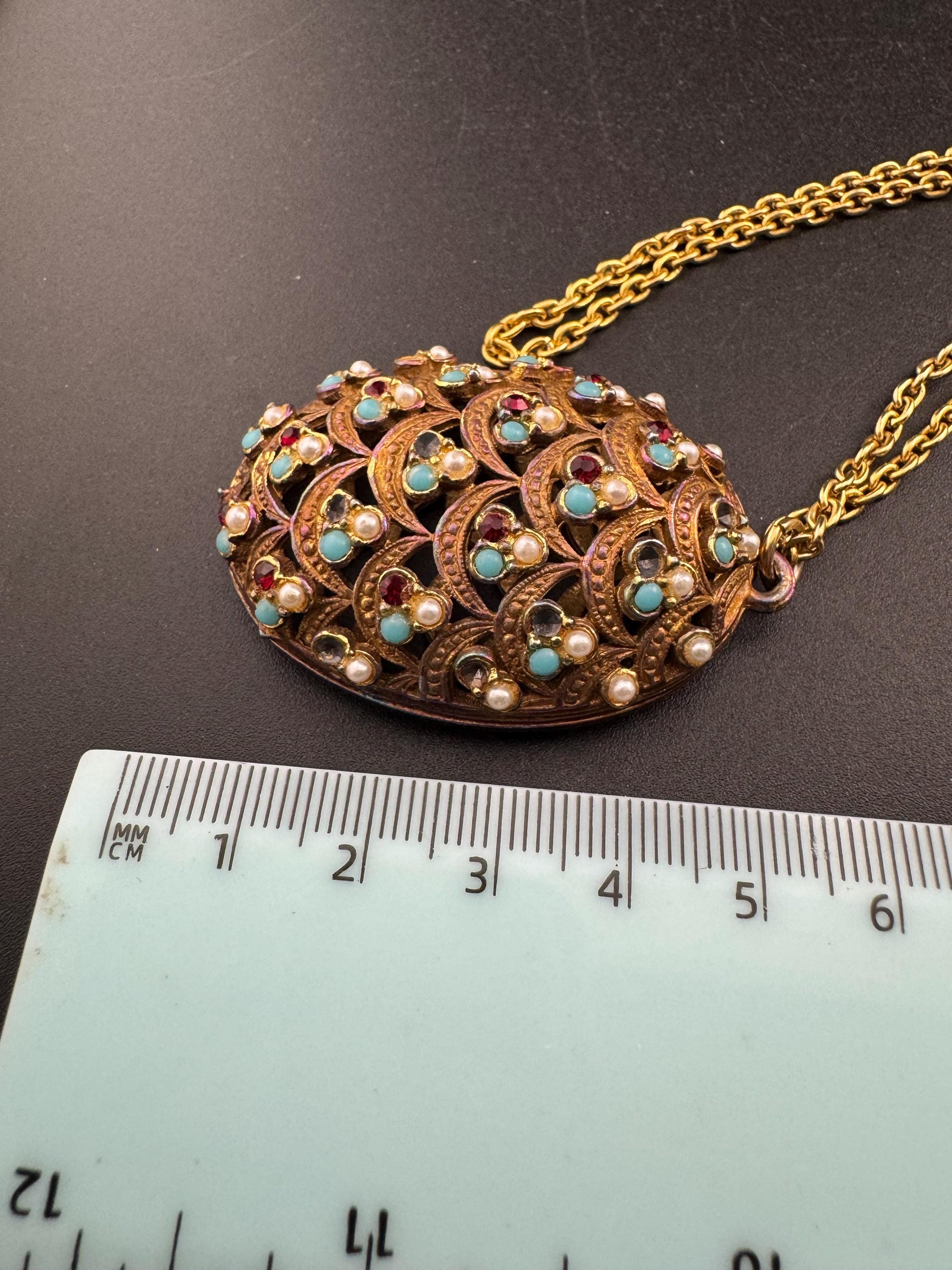 Vintage Garnet turquoise paste Diamanté seed pearl ornate oval pendant, gold tone as found