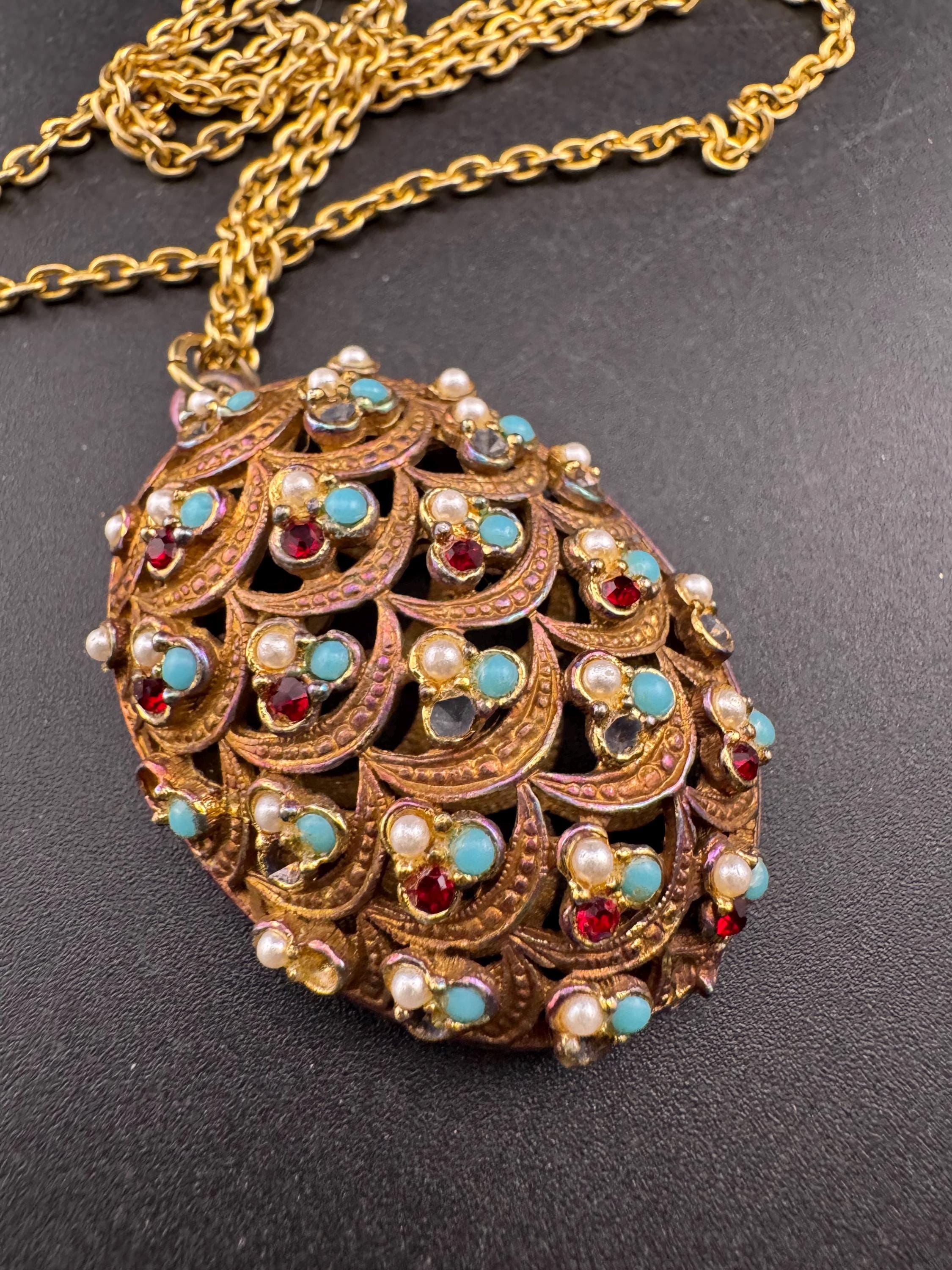 Vintage Garnet turquoise paste Diamanté seed pearl ornate oval pendant, gold tone as found