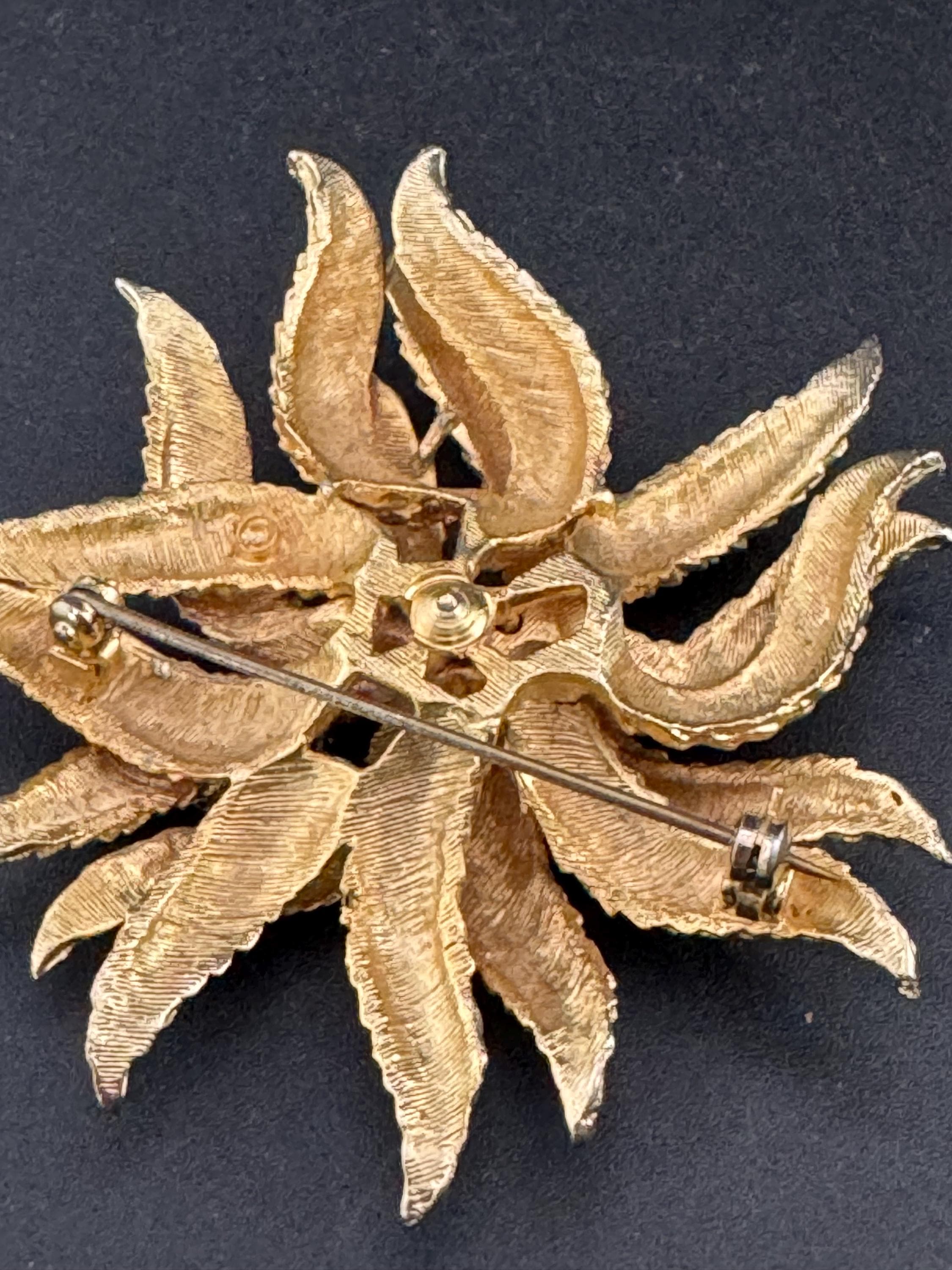 vintage abstract brutalist leaf brooch, gold tone 1970s
