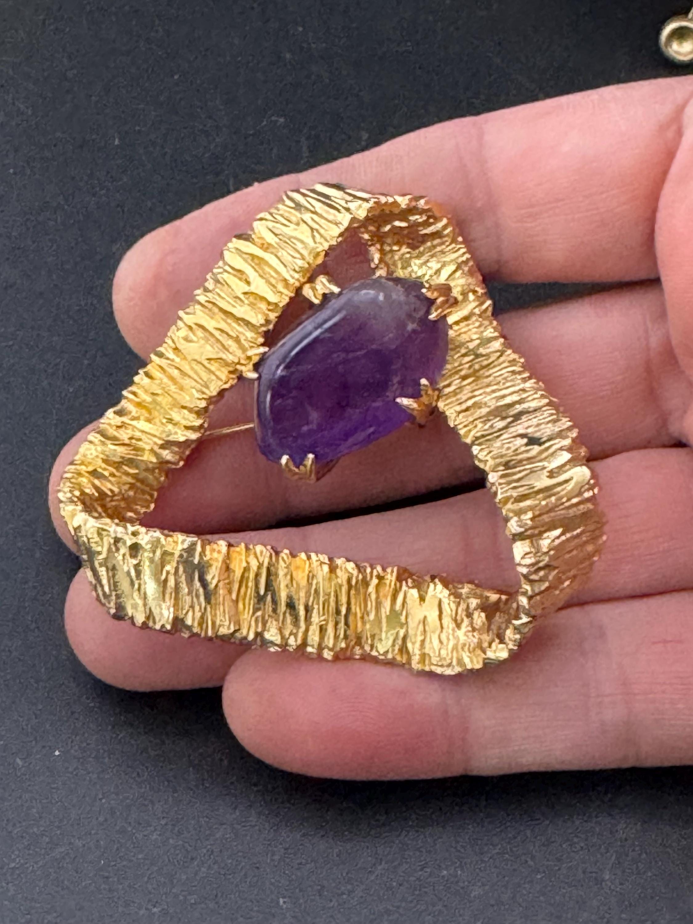 vintage oversized abstract triangle bark brooch gemstone amethyst stone