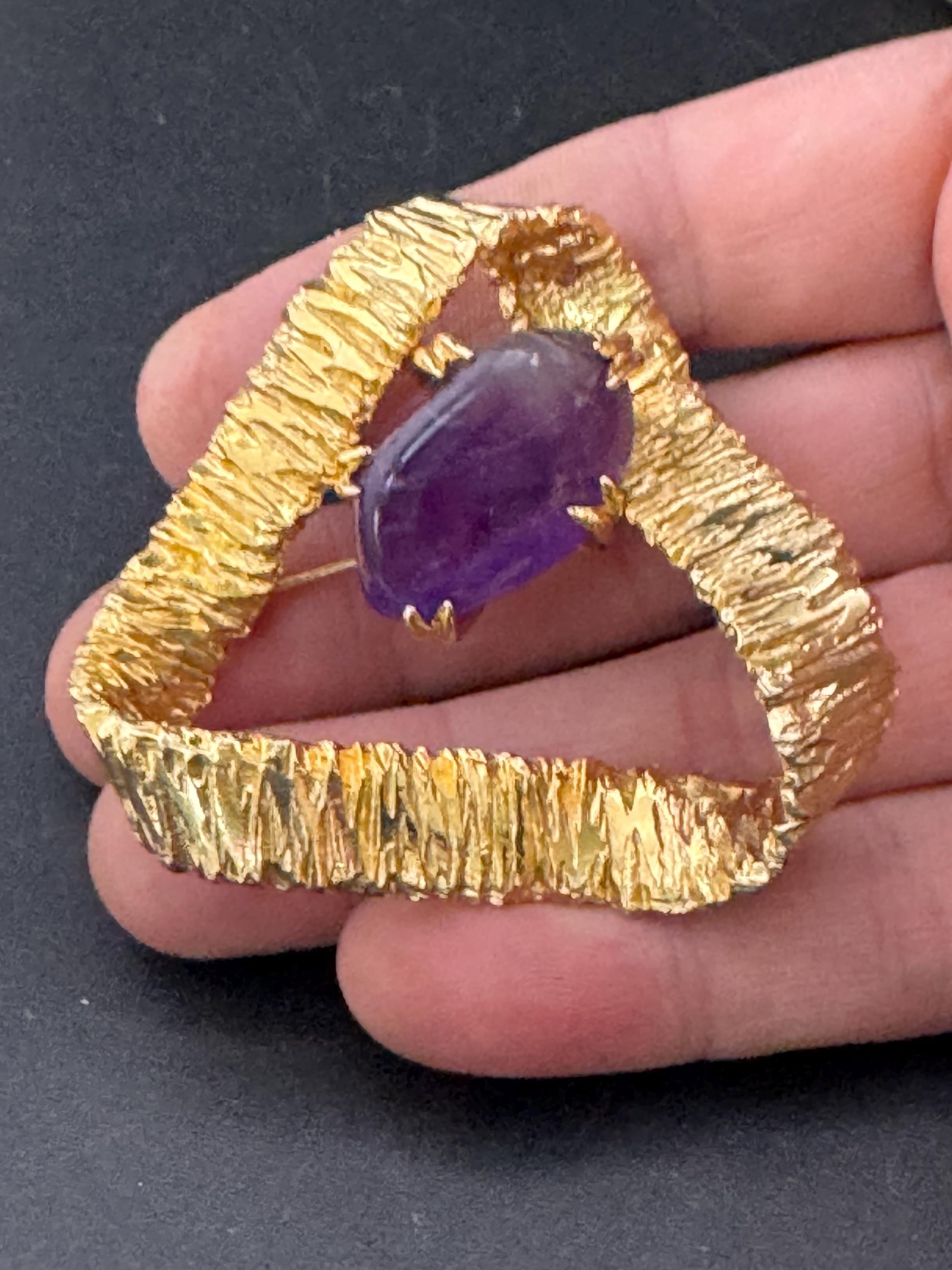 vintage oversized abstract triangle bark brooch gemstone amethyst stone