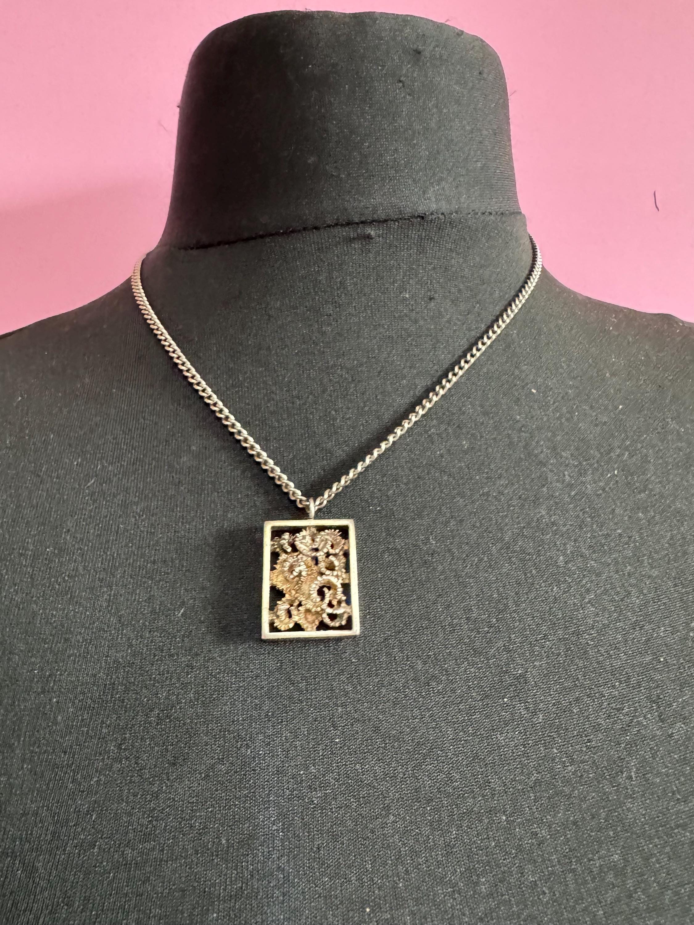 Vintage steel brutalist rectangular pendant necklace
