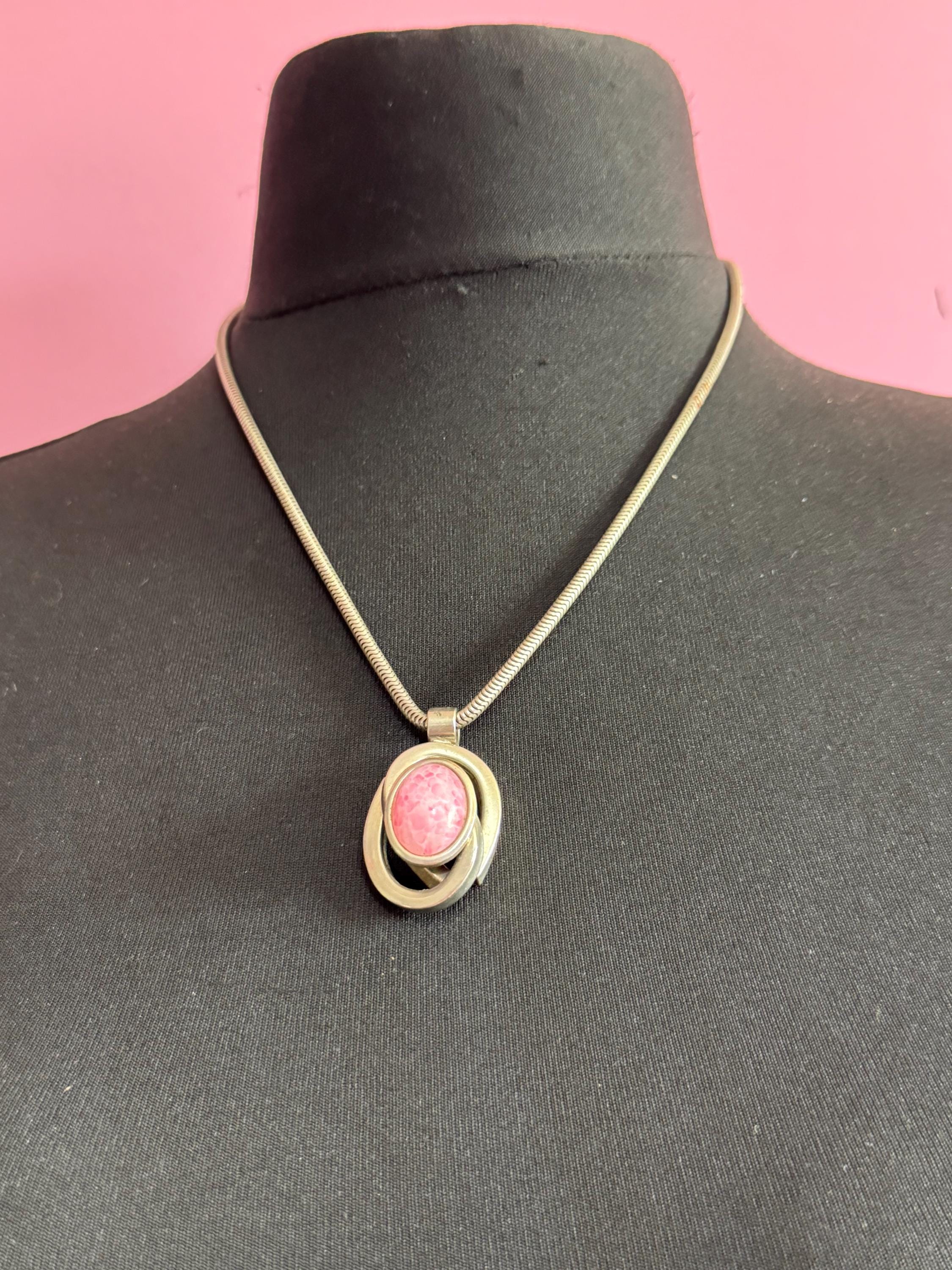 Vintage 1970s pink cabochon modernist chrome pendant necklace