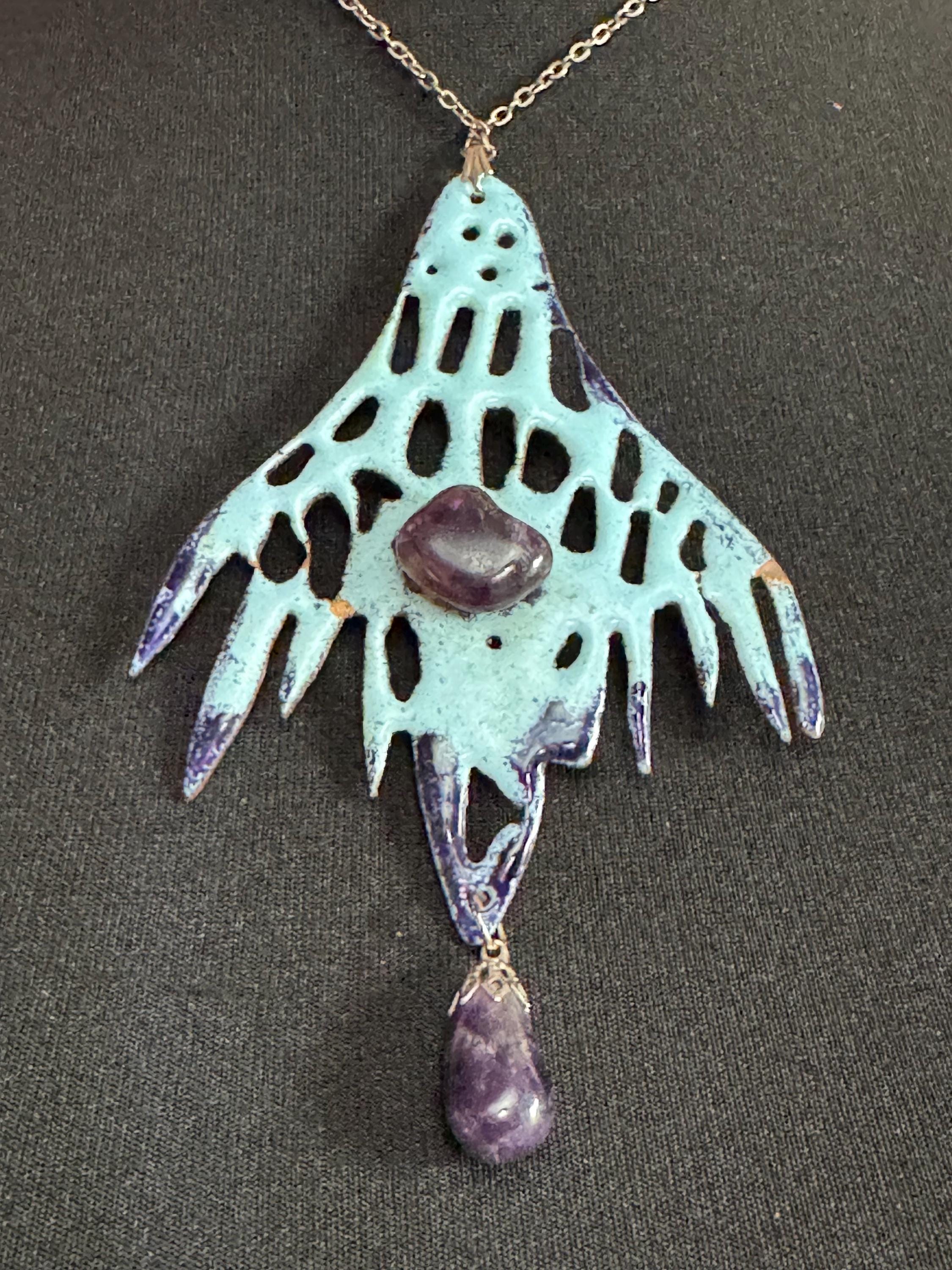 Artisan oversized turquoise blue enamel pendant necklace with amethyst gemstones 1970s