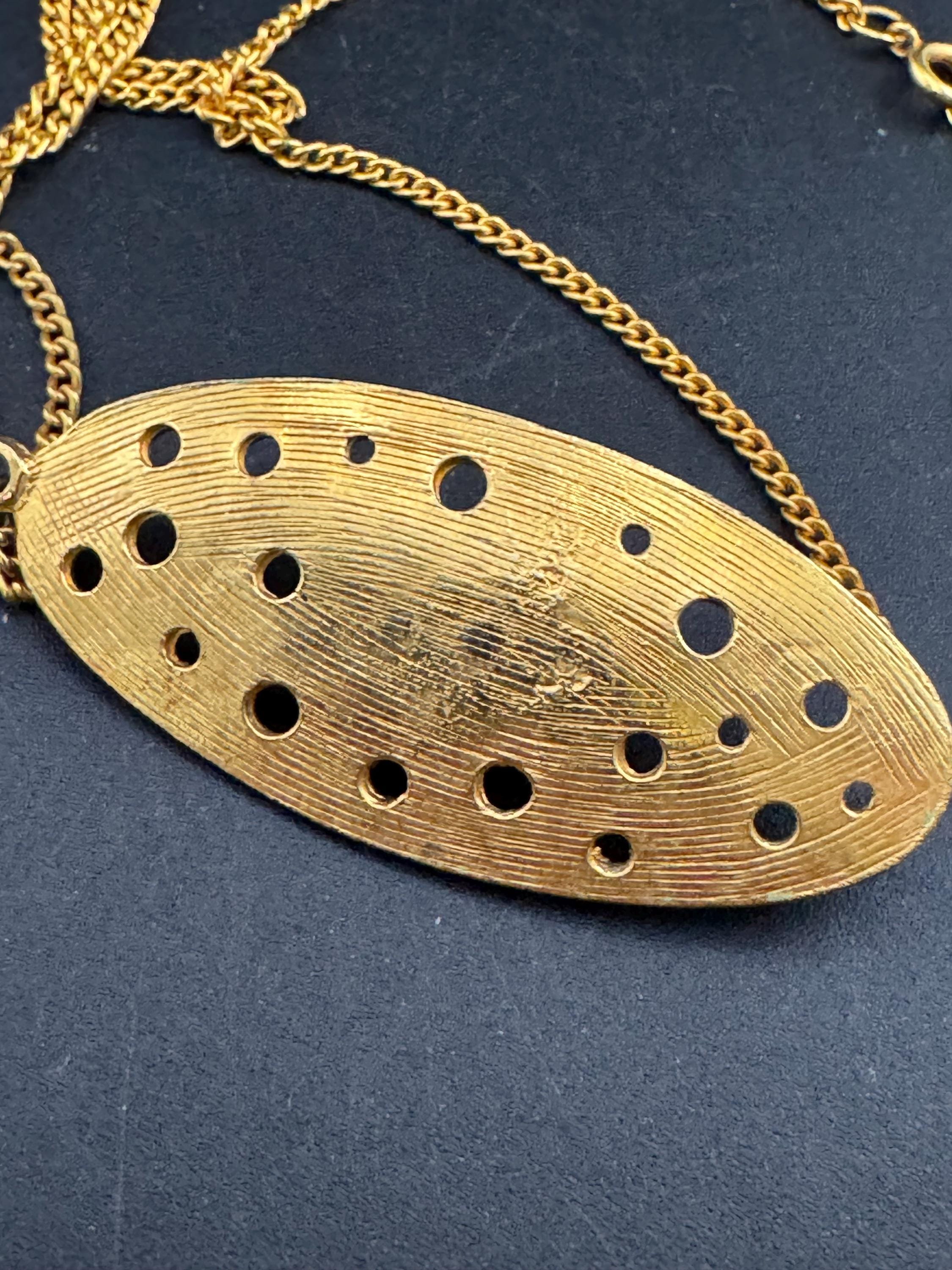Vintage gold tone brutalist pendant with faux malachite oval cabochon
