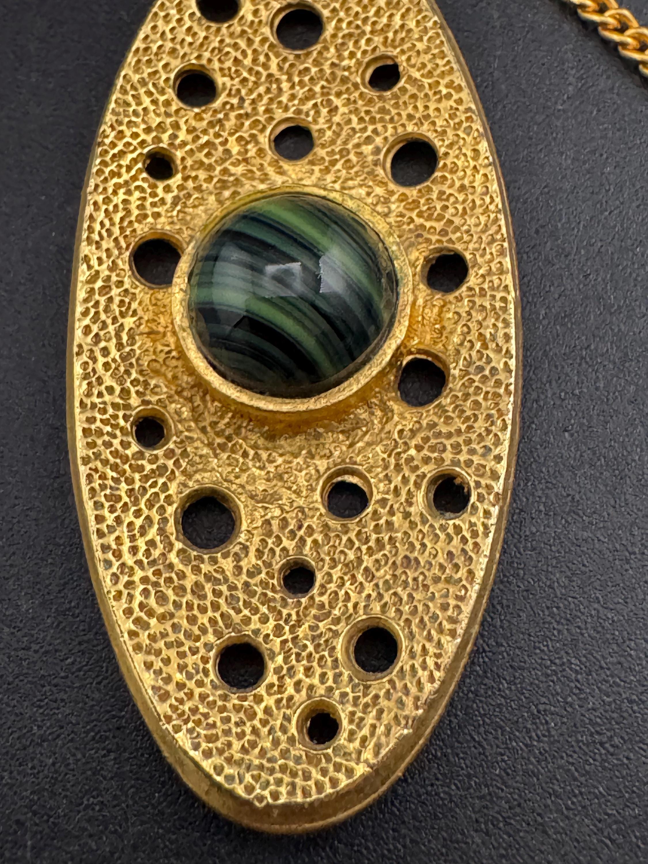 Vintage gold tone brutalist pendant with faux malachite oval cabochon
