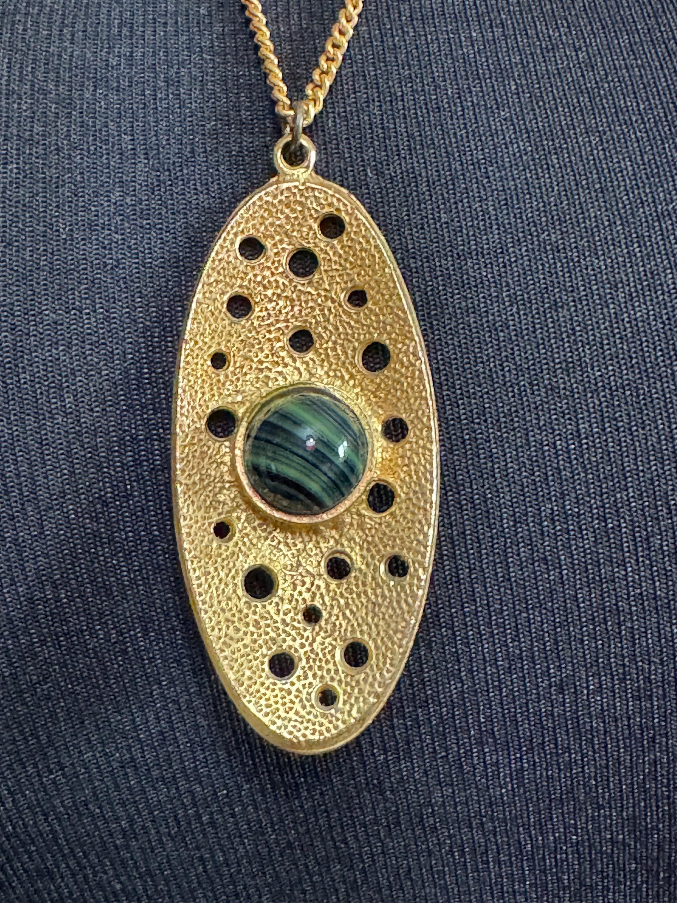 Vintage gold tone brutalist pendant with faux malachite oval cabochon