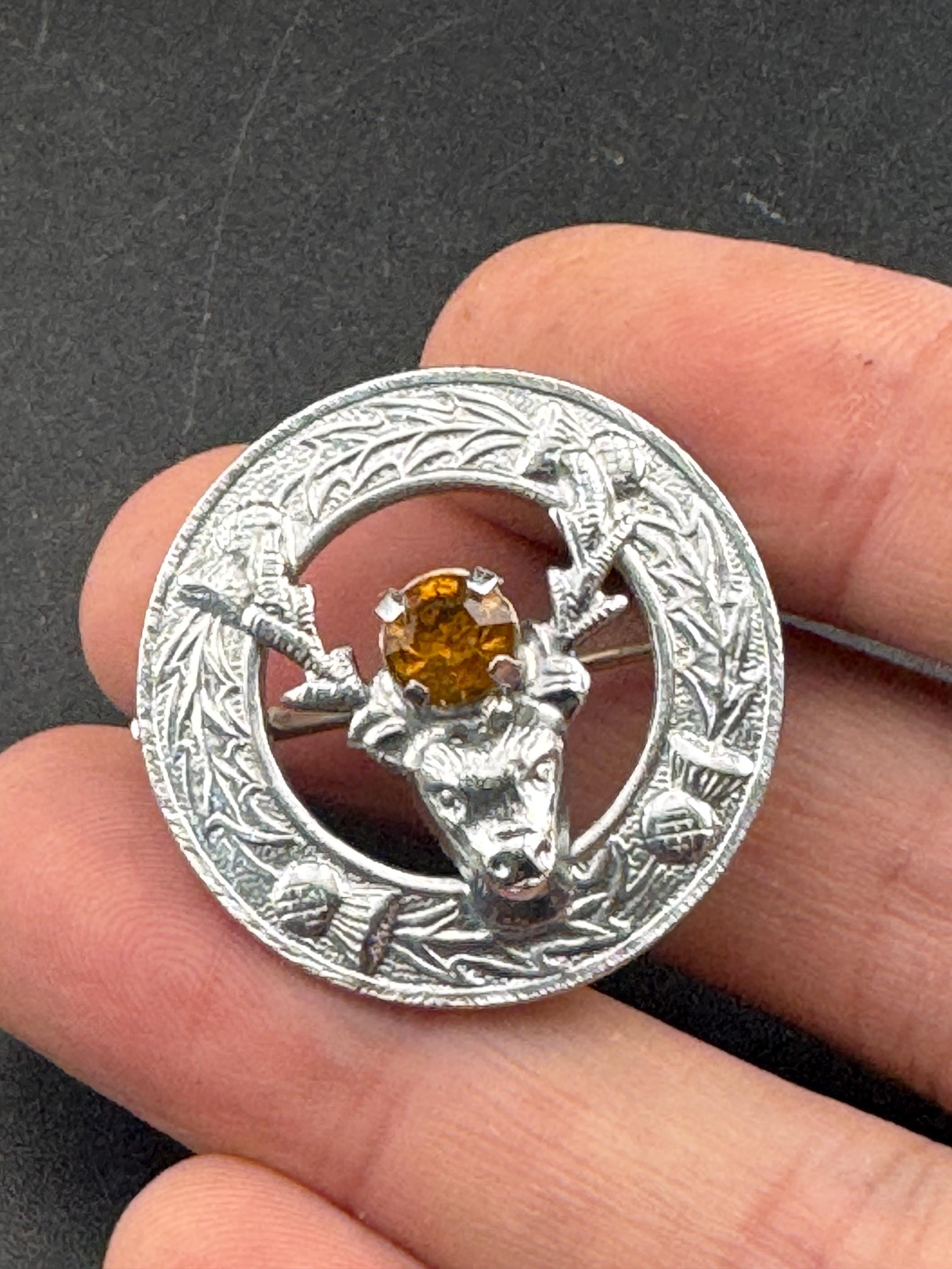 Vintage Scottish citrine glass Thistle and stag Brooch, silver tone