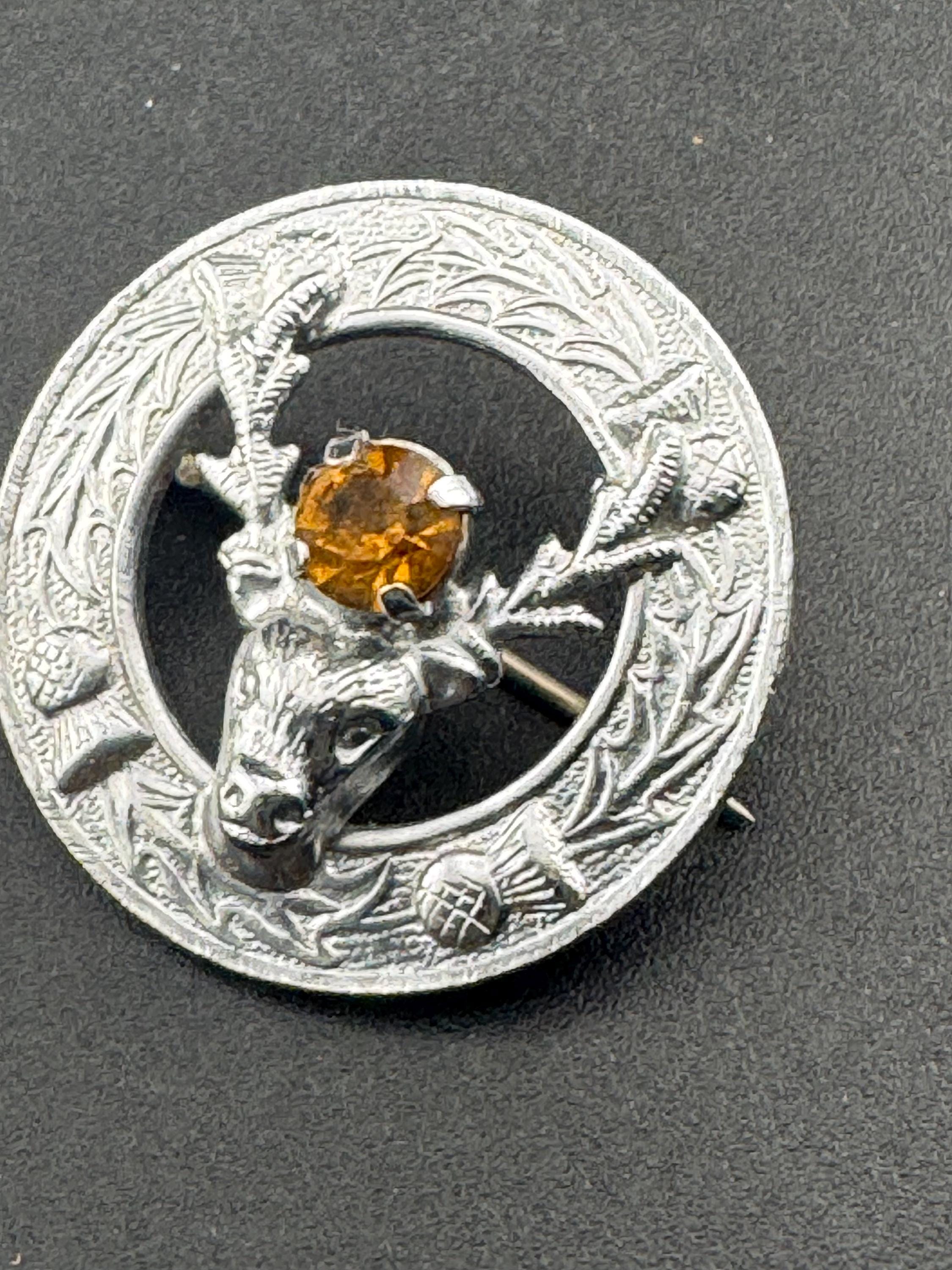 Vintage Scottish citrine glass Thistle and stag Brooch, silver tone