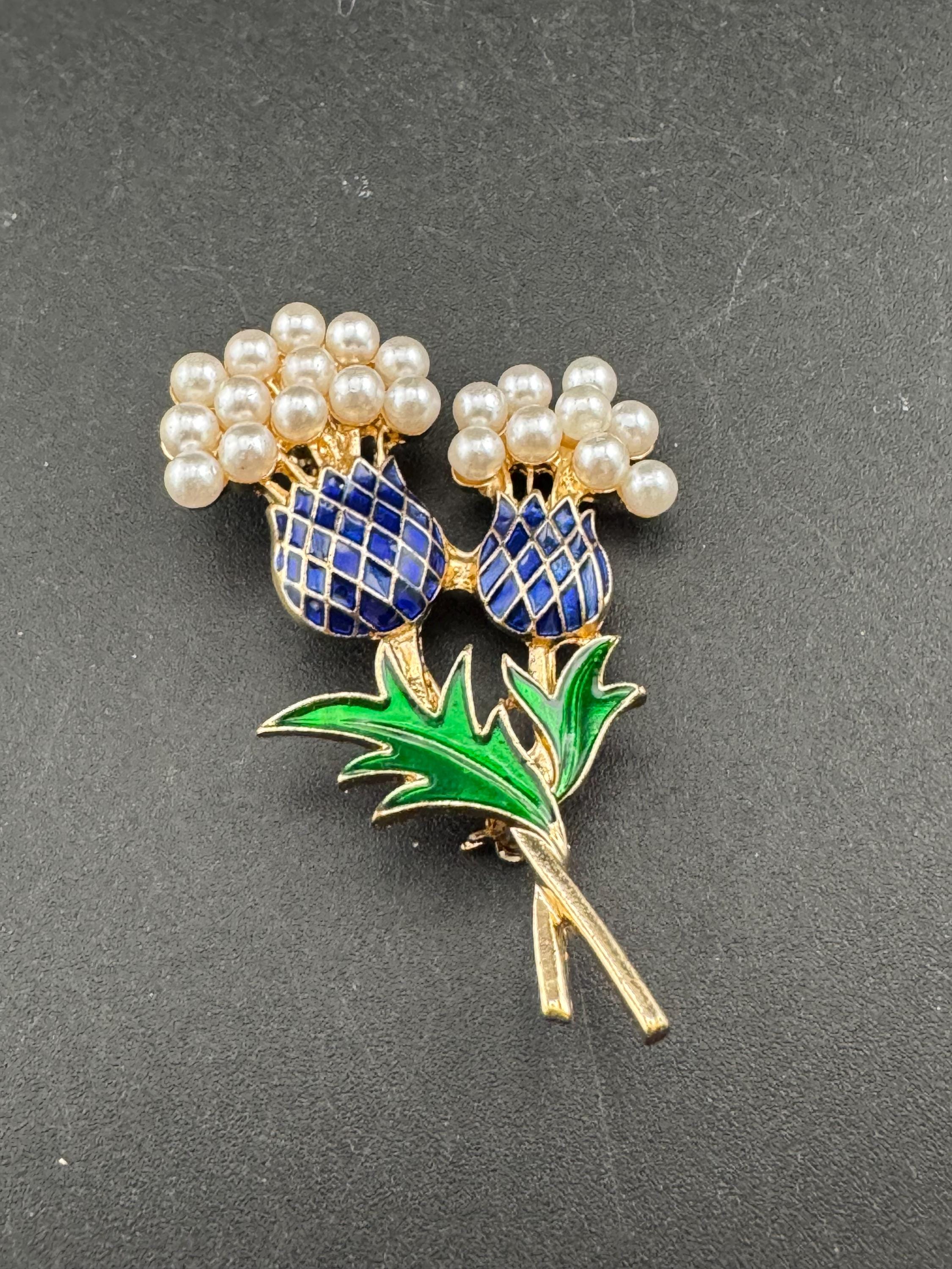 Retro Scottish enamel Purple Thistle Brooch with seed pearls , gold tone