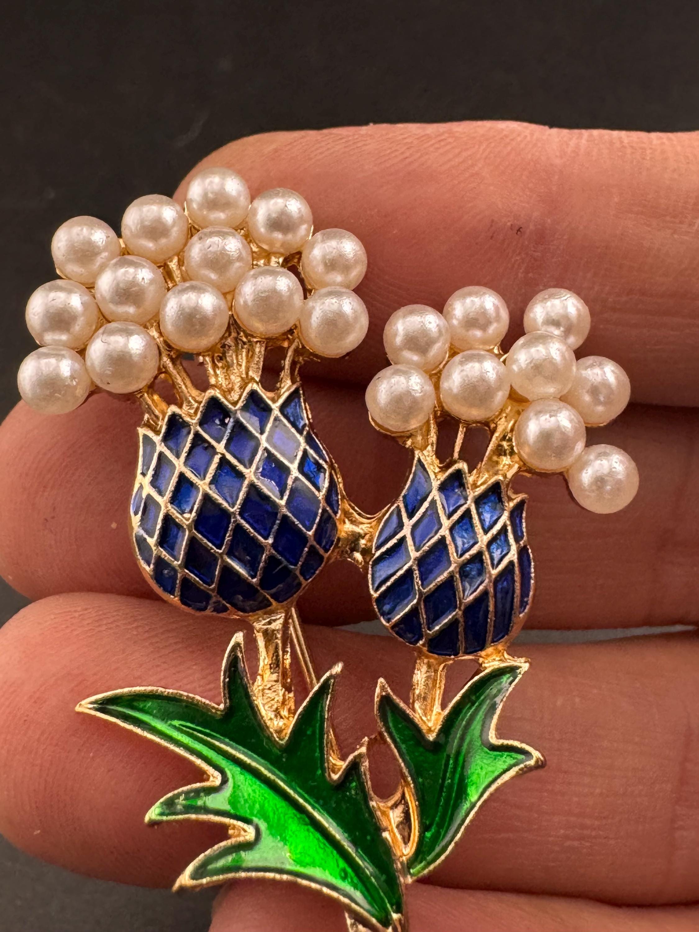 Retro Scottish enamel Purple Thistle Brooch with seed pearls , gold tone