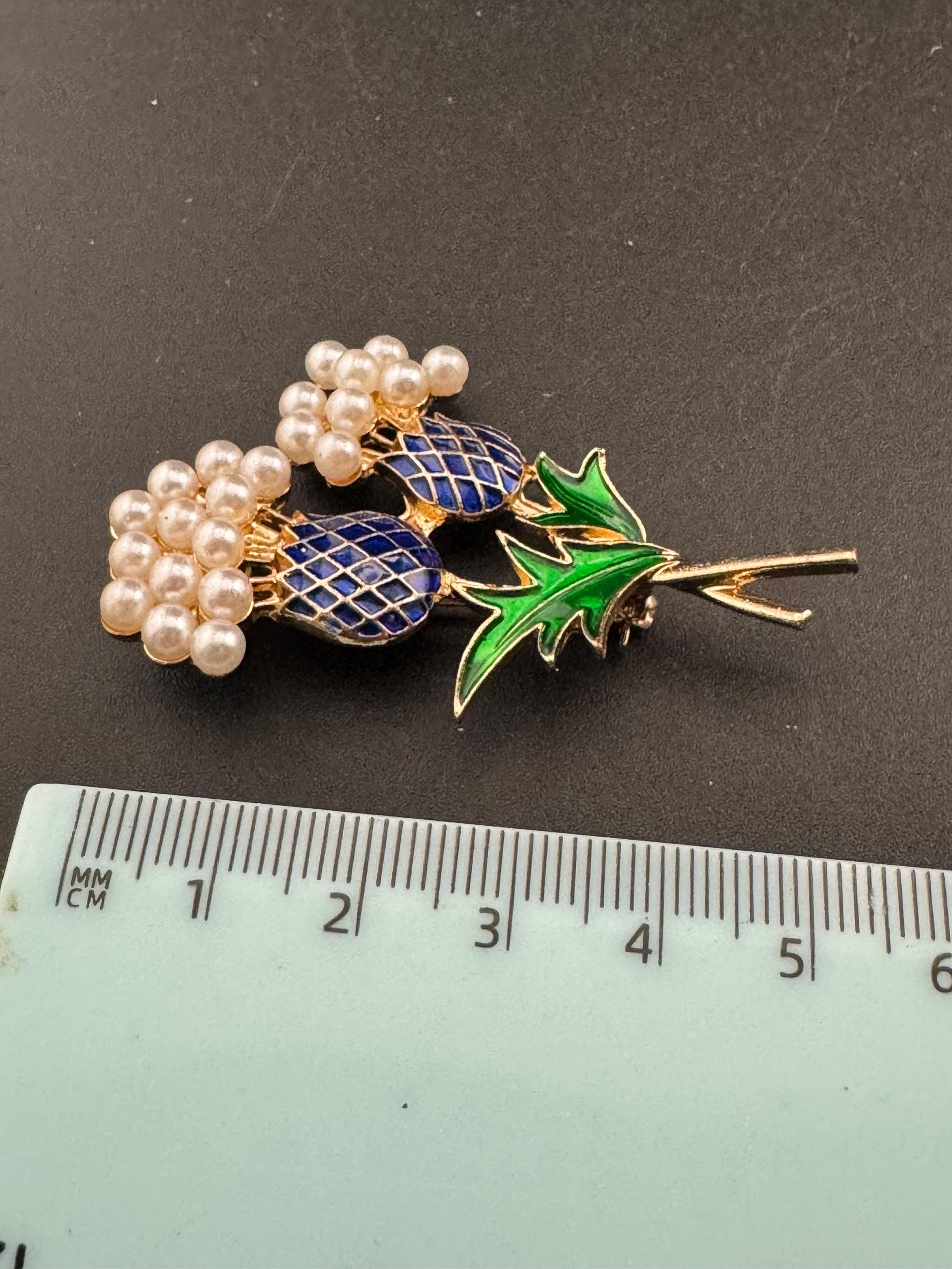 Retro Scottish enamel Purple Thistle Brooch with seed pearls , gold tone