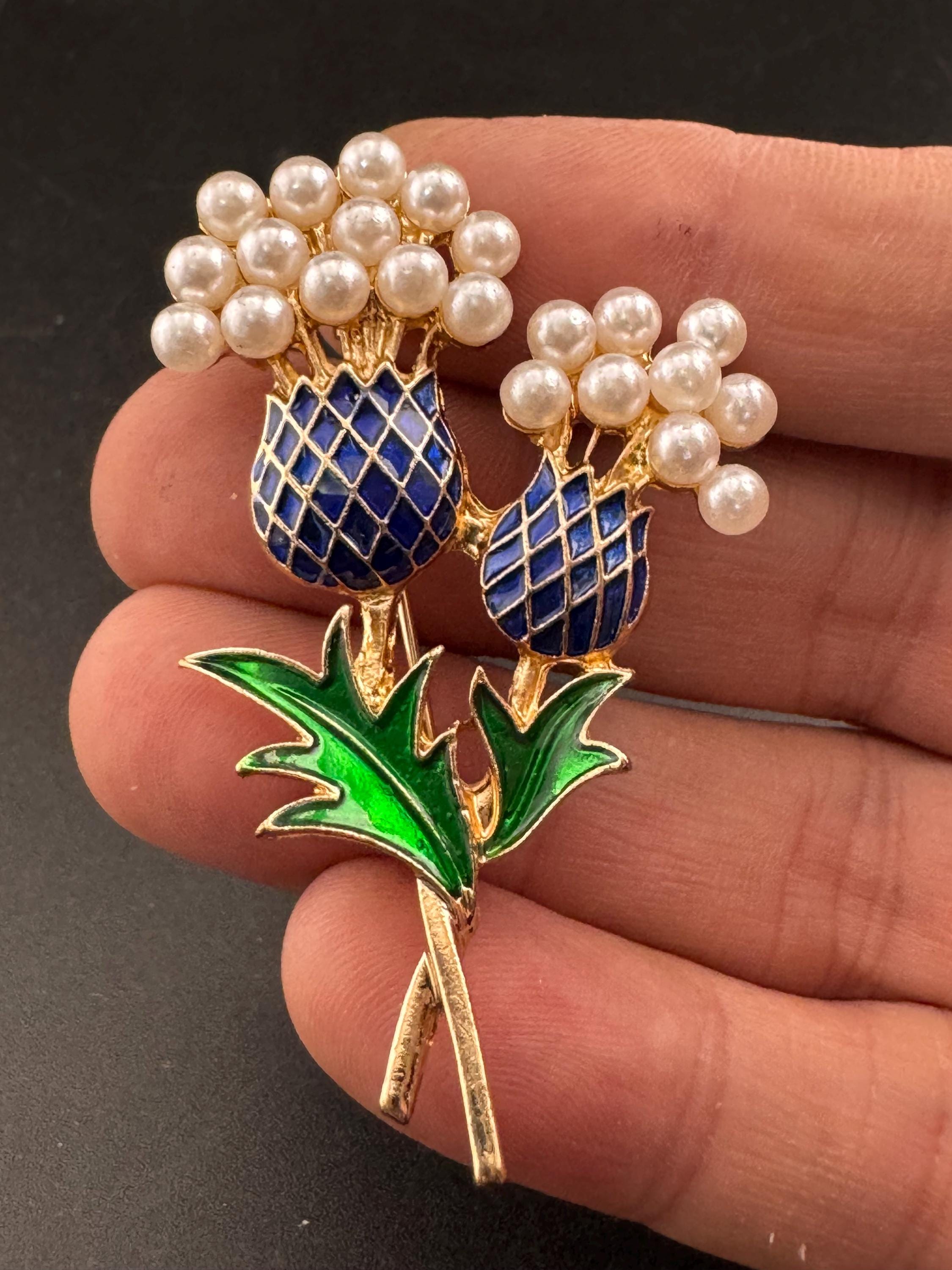 Retro Scottish enamel Purple Thistle Brooch with seed pearls , gold tone