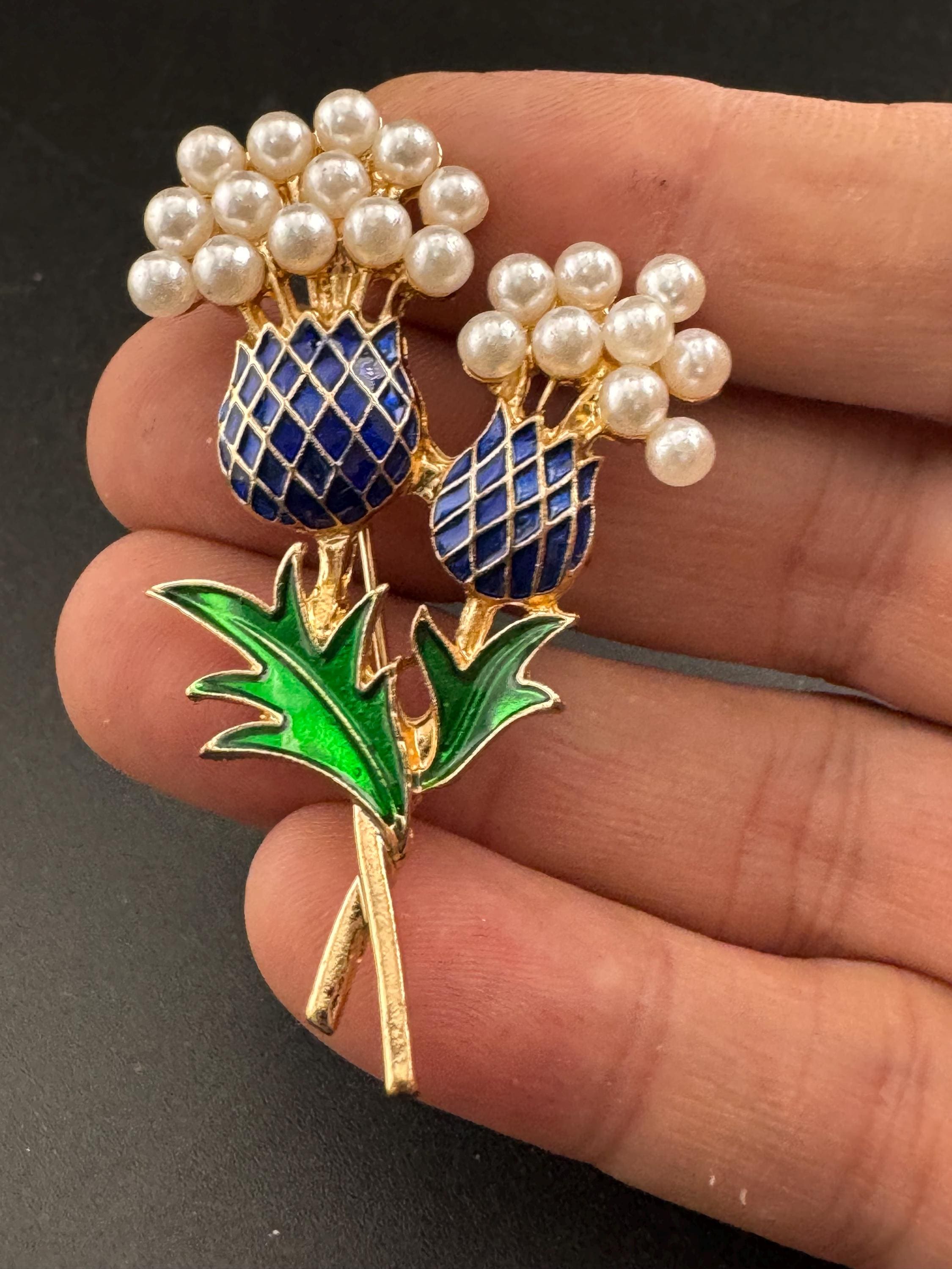 Retro Scottish enamel Purple Thistle Brooch with seed pearls , gold tone