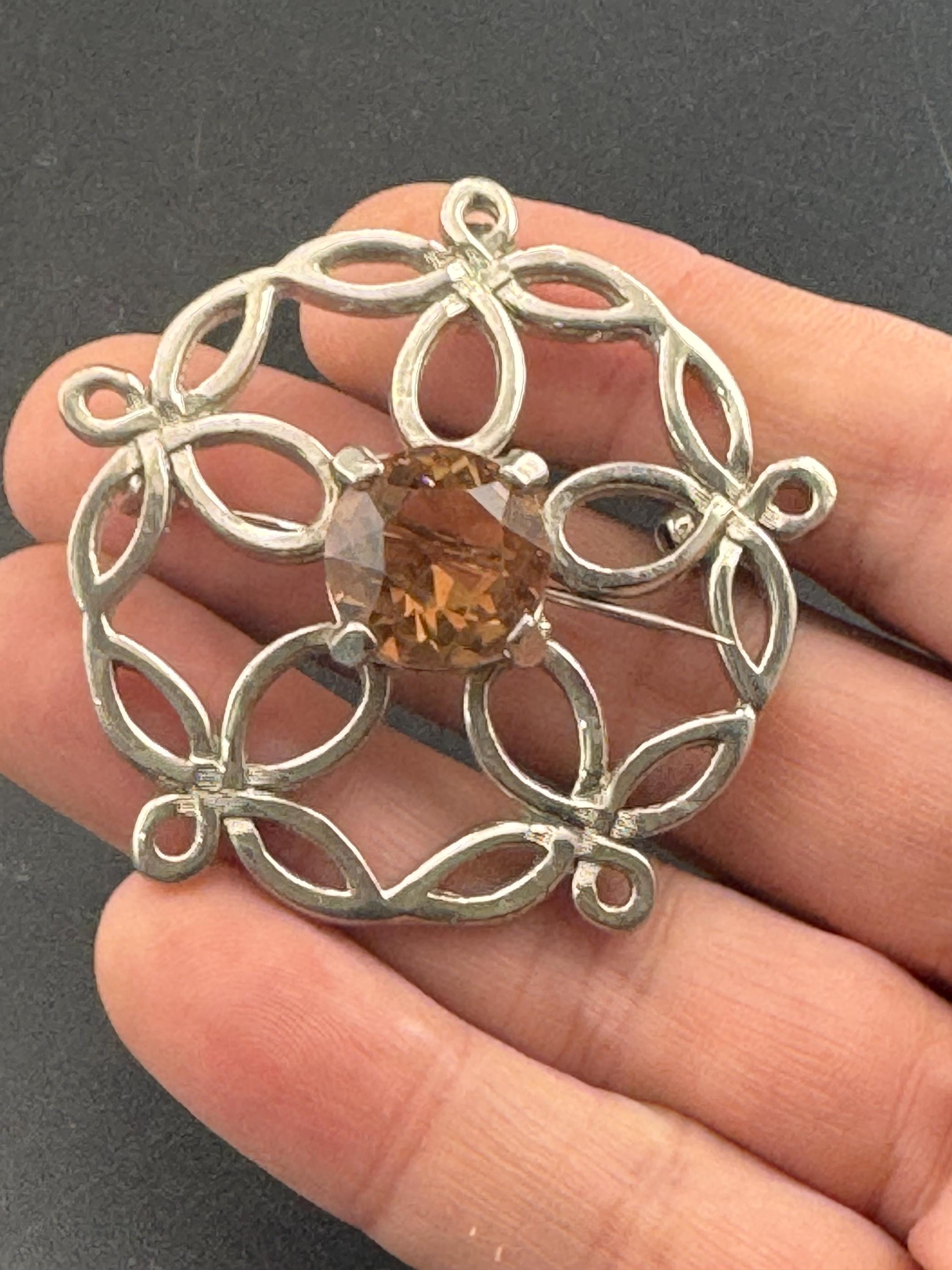 Vintage Scottish Brooch Pendant: Faux Citrine, Silver Tone, Signed JEM 74