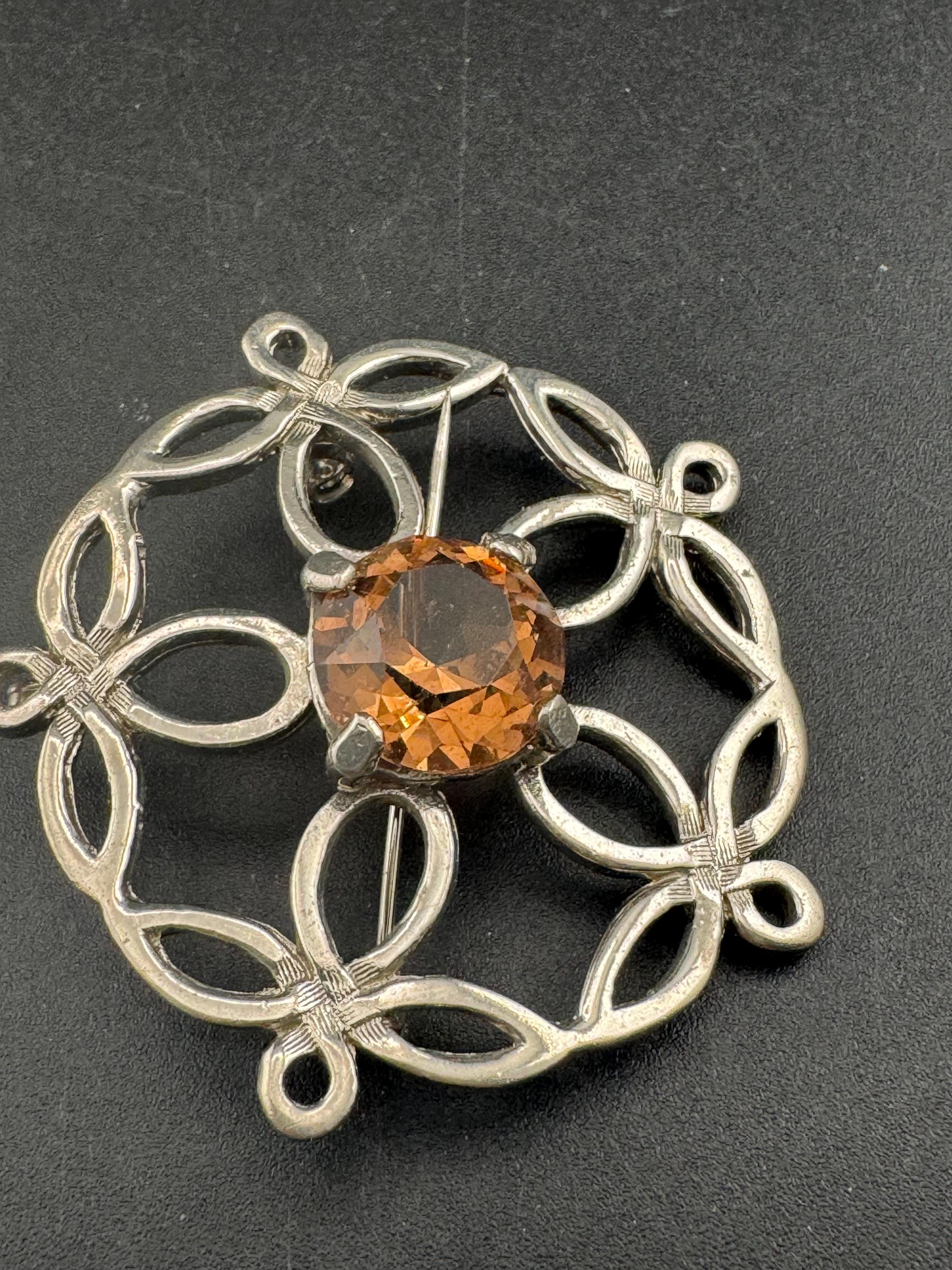 Vintage Scottish Brooch Pendant: Faux Citrine, Silver Tone, Signed JEM 74