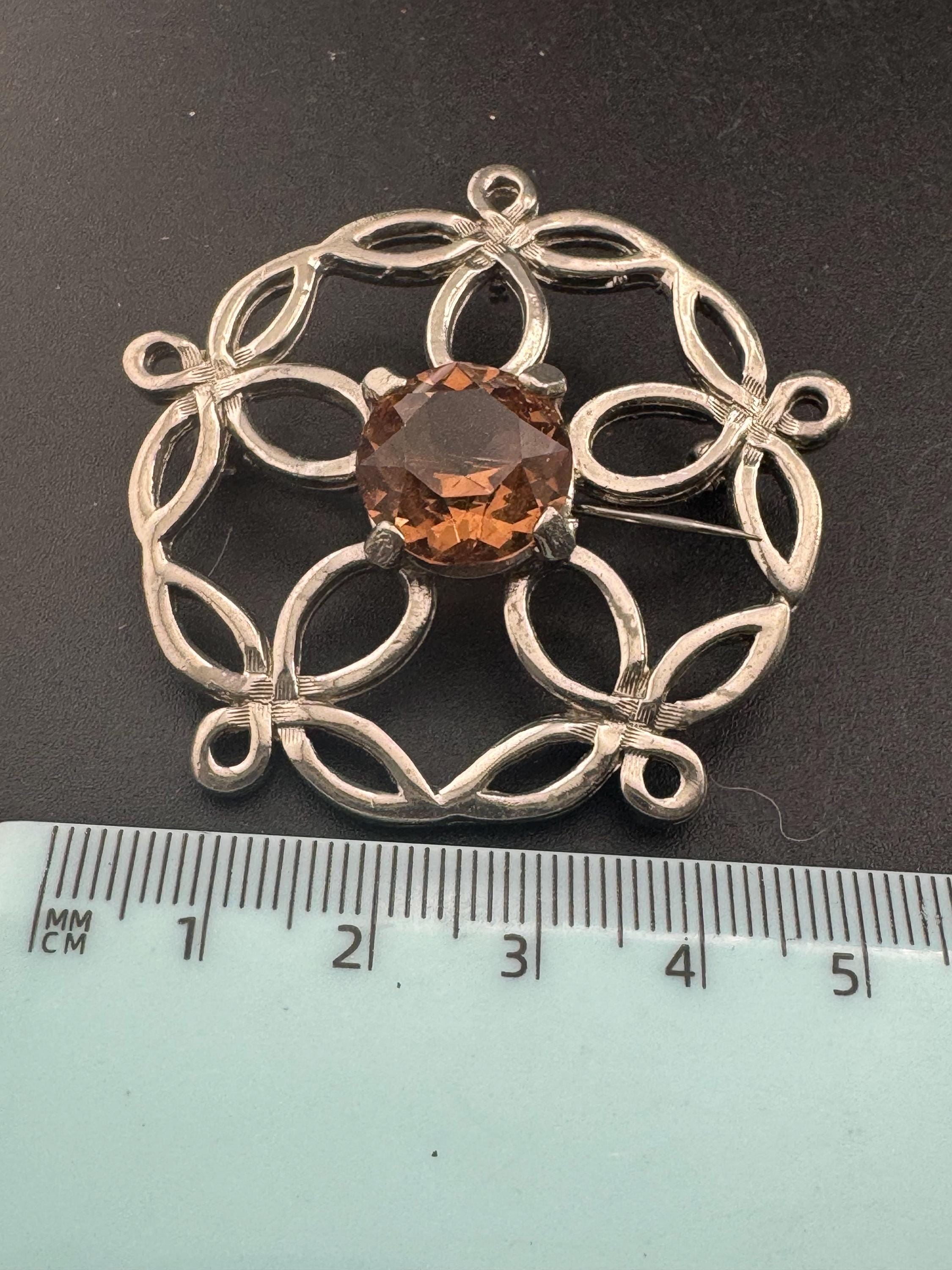 Vintage Scottish Brooch Pendant: Faux Citrine, Silver Tone, Signed JEM 74