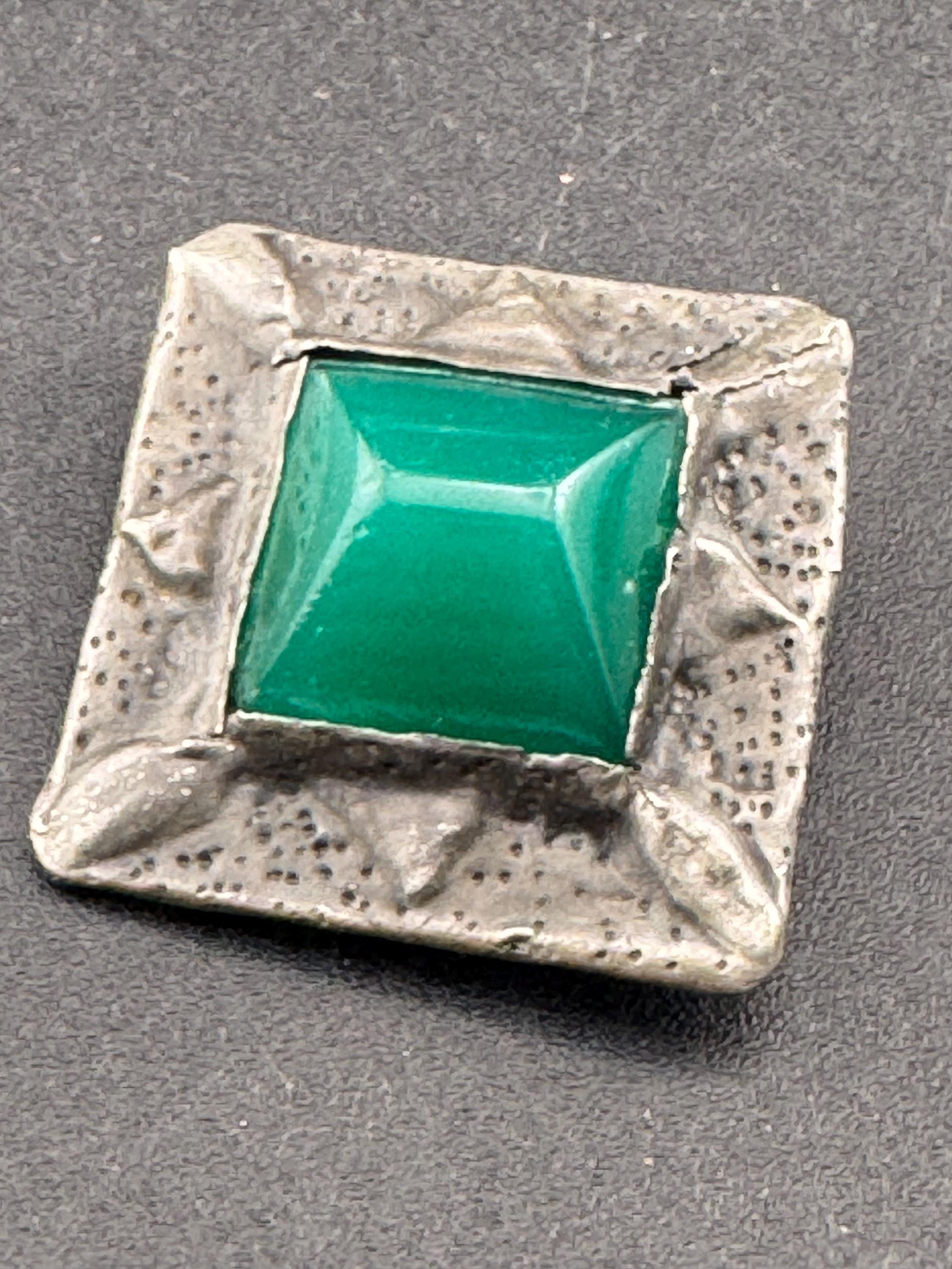 Victorian arts and crafts pewter brooch, green cabochon Ruskin style