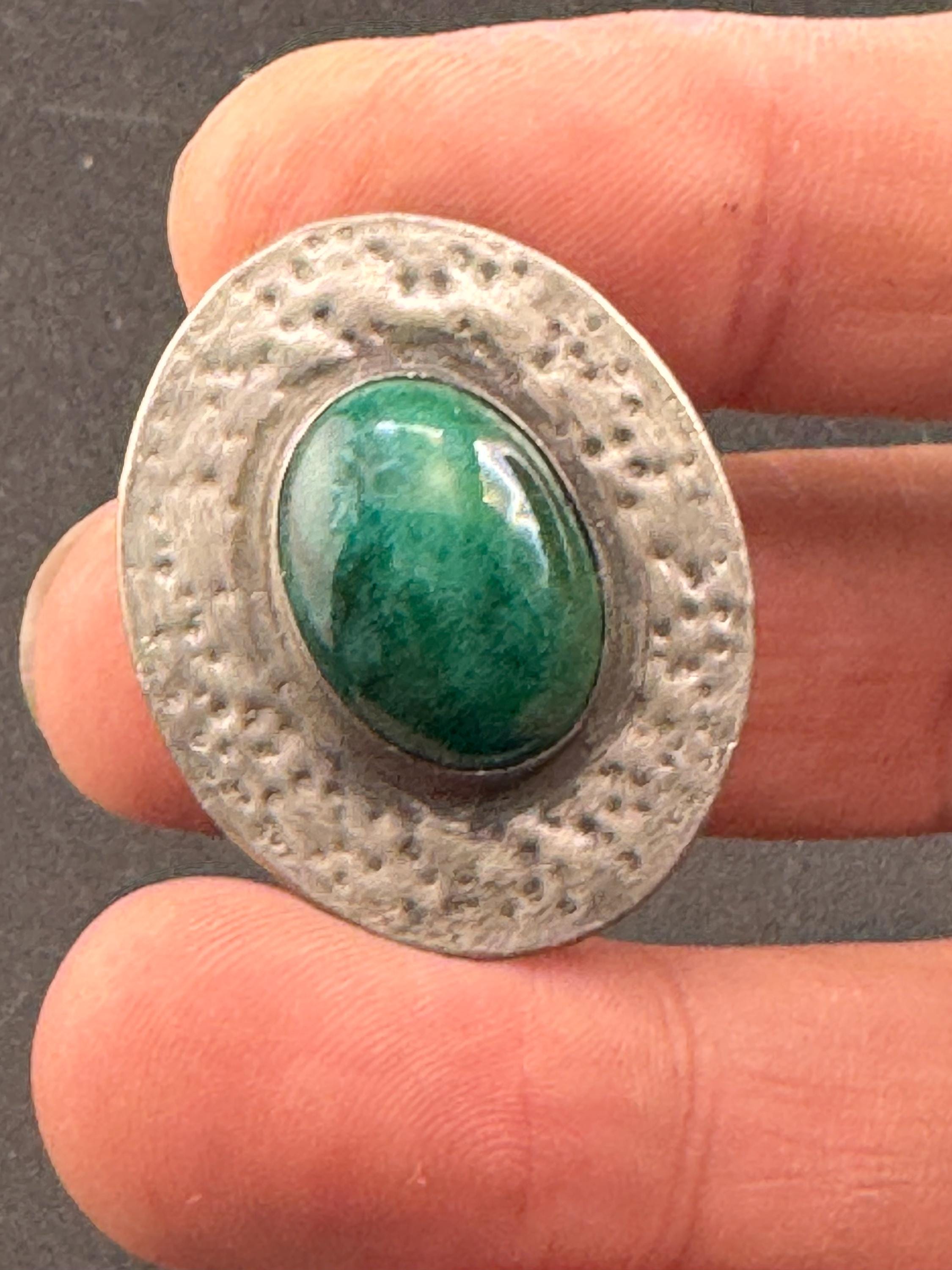 Vintage arts and crafts pewter brooch, green cabochon Ruskin style