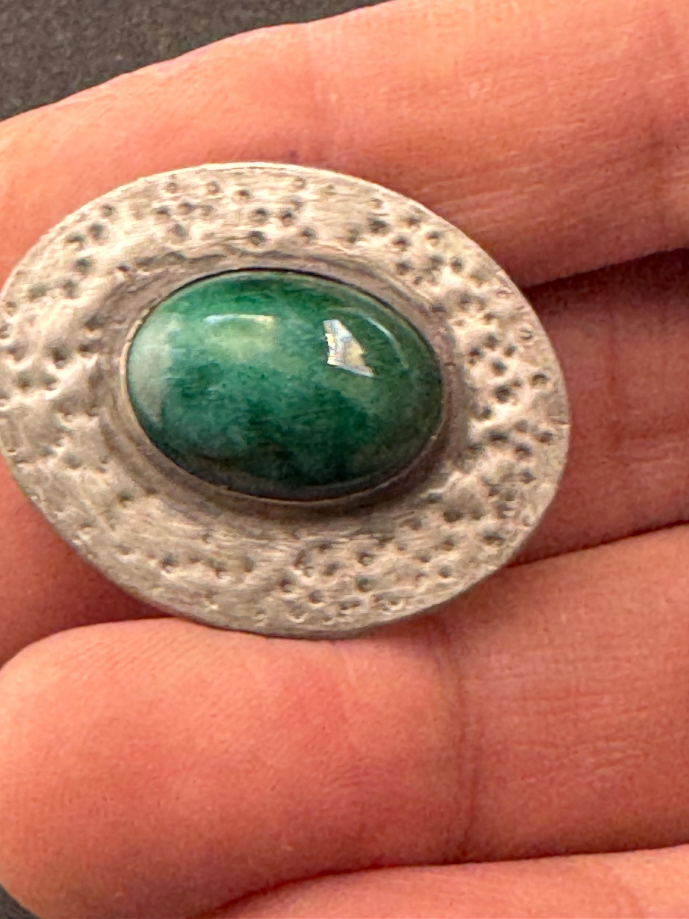 Vintage arts and crafts pewter brooch, green cabochon Ruskin style
