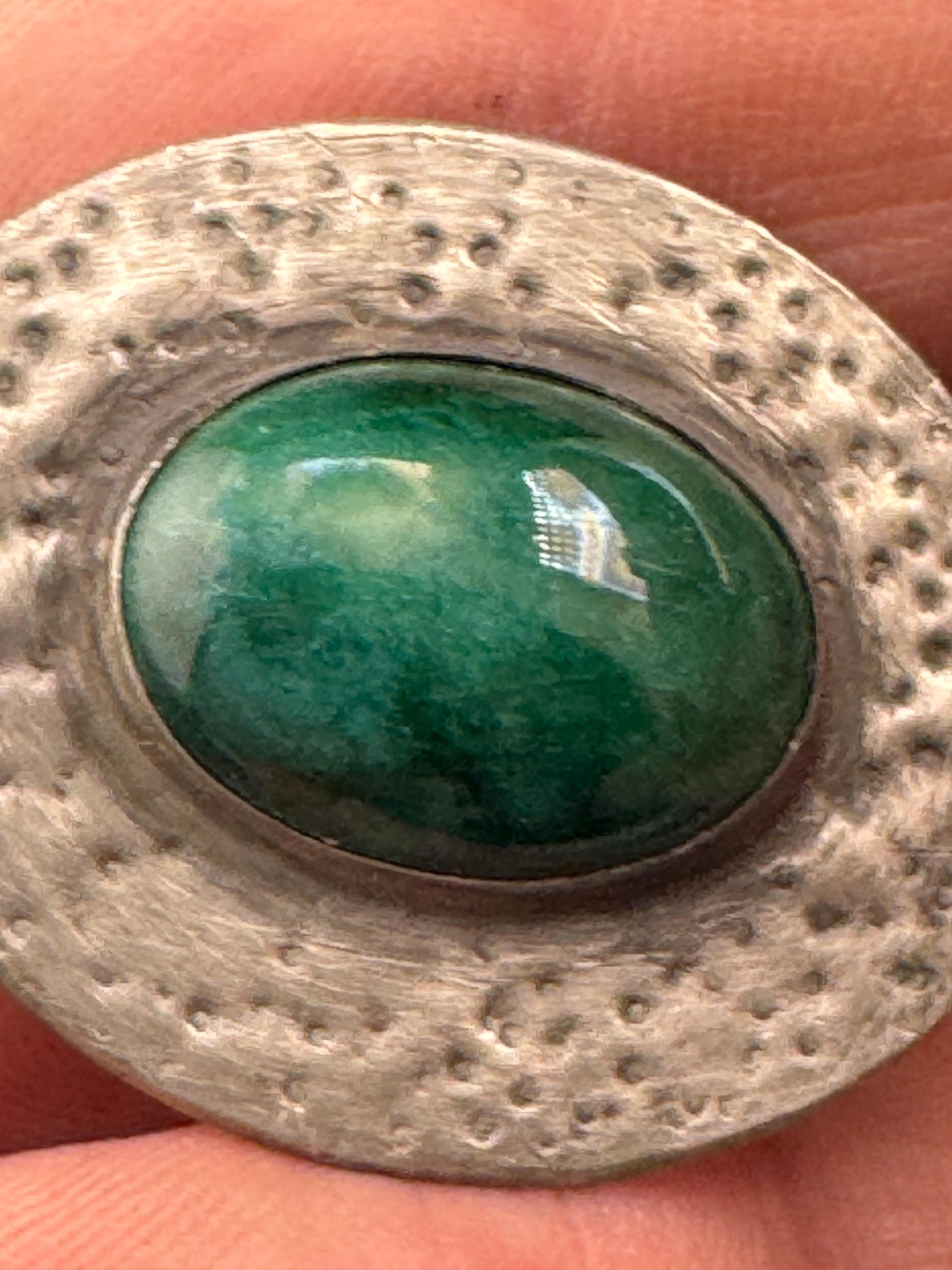 Vintage arts and crafts pewter brooch, green cabochon Ruskin style