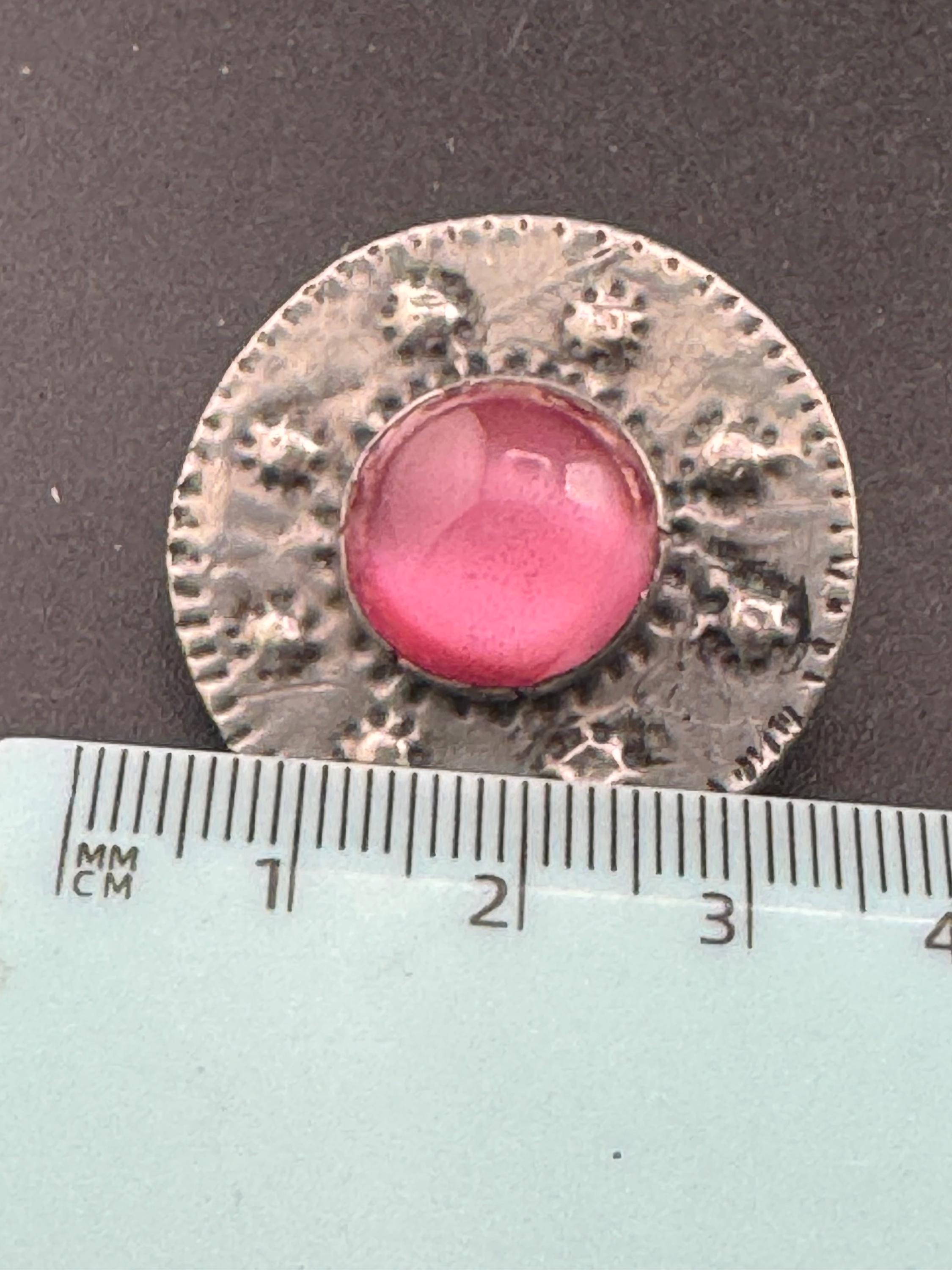 Vintage arts and crafts pewter brooch, pink glass cabochon Ruskin style