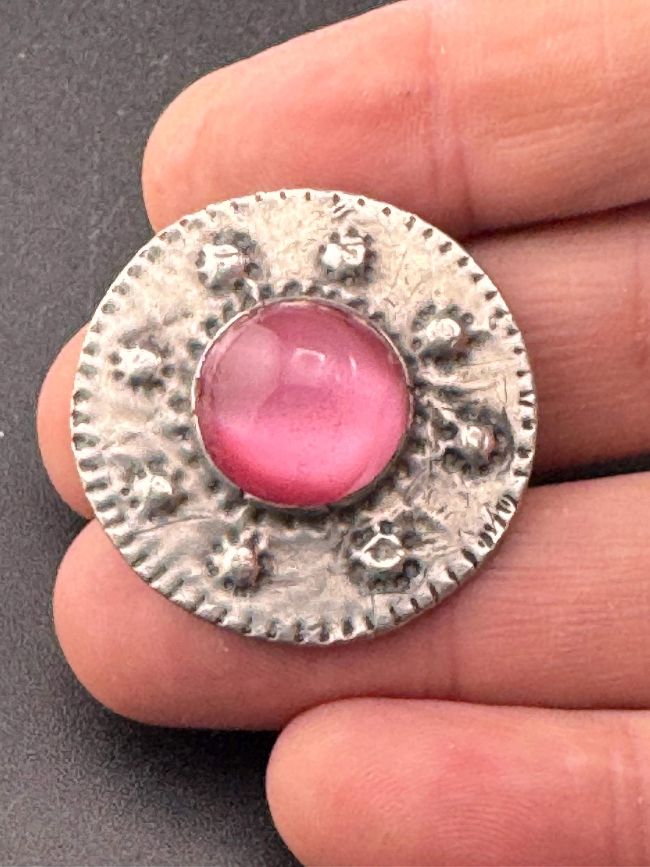 Vintage arts and crafts pewter brooch, pink glass cabochon Ruskin style