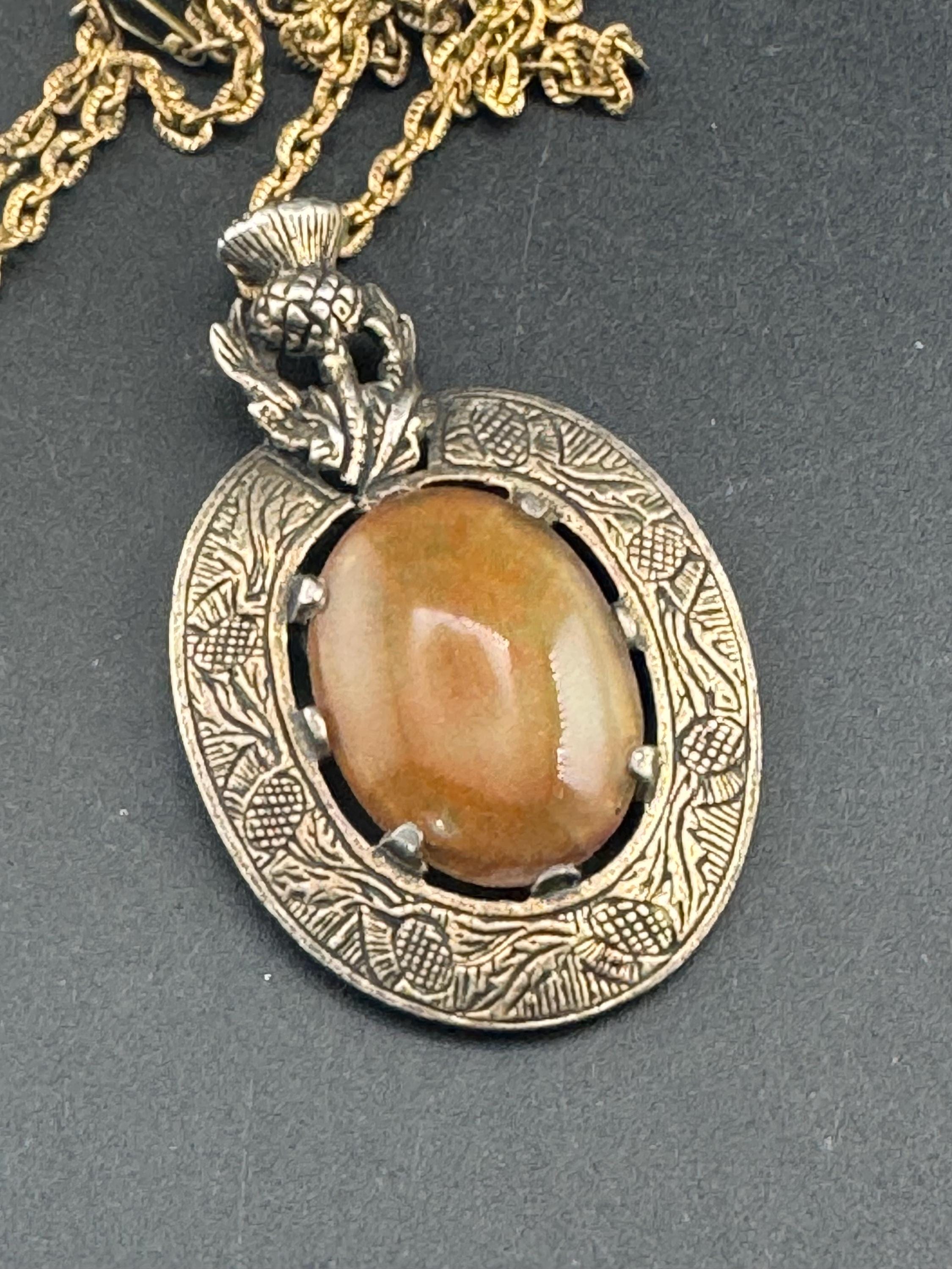Scottish thistle silver tone brown oval Glass cabochon pendant on 62cm chain Vintage
