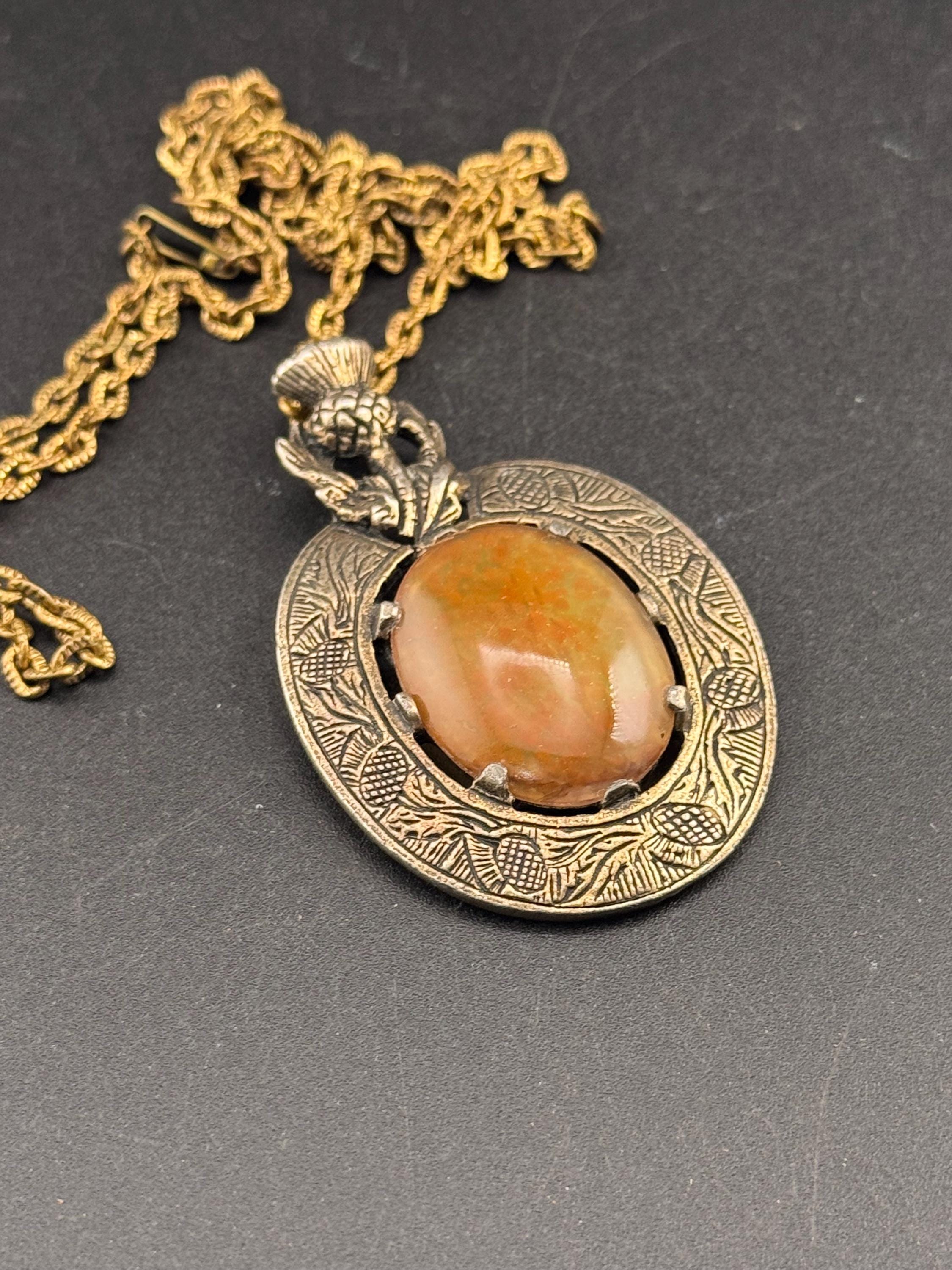Scottish thistle silver tone brown oval Glass cabochon pendant on 62cm chain Vintage