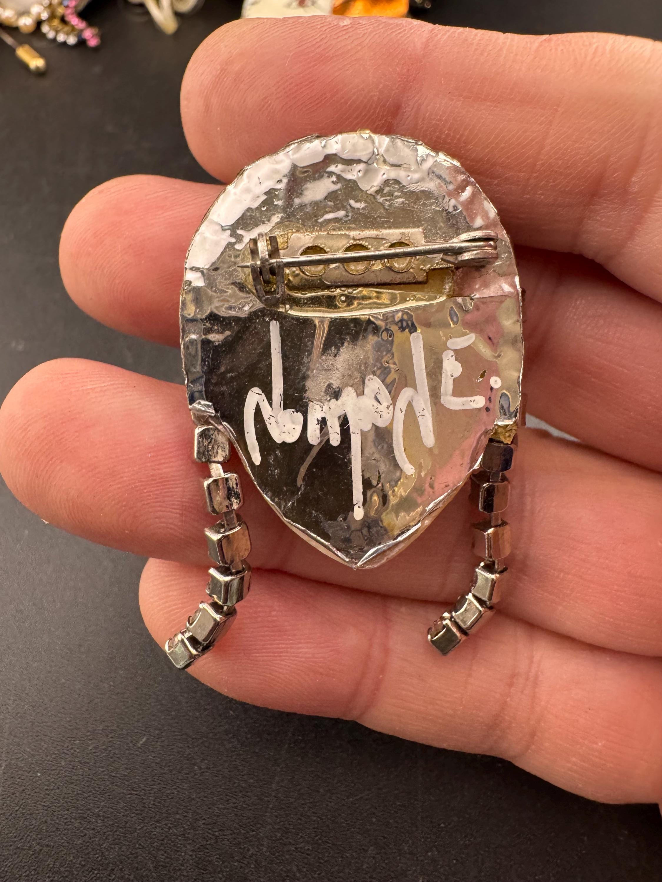 Signed vintage rhinestone flapper face brooch, art deco lady pin