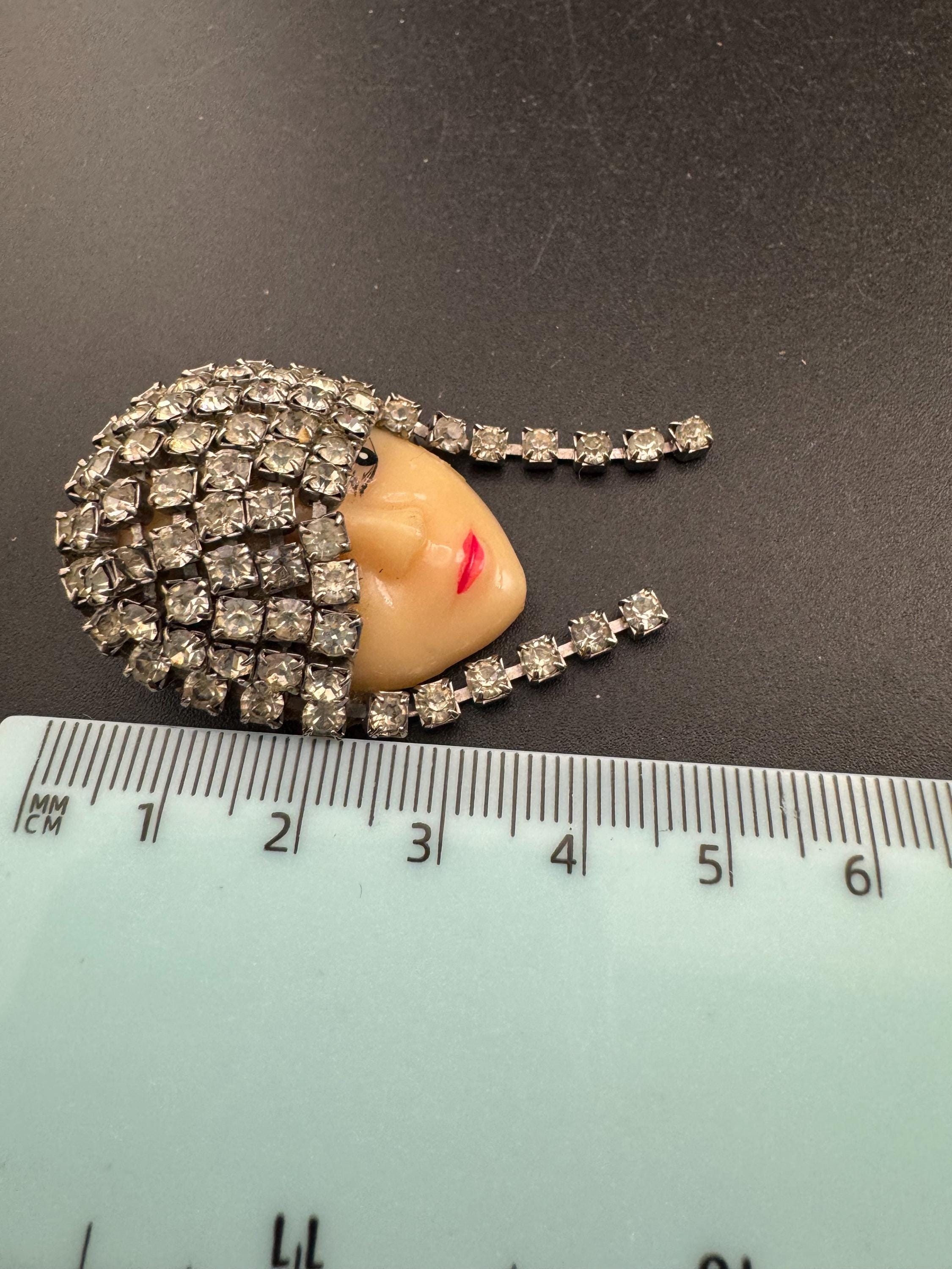 Signed vintage rhinestone flapper face brooch, art deco lady pin
