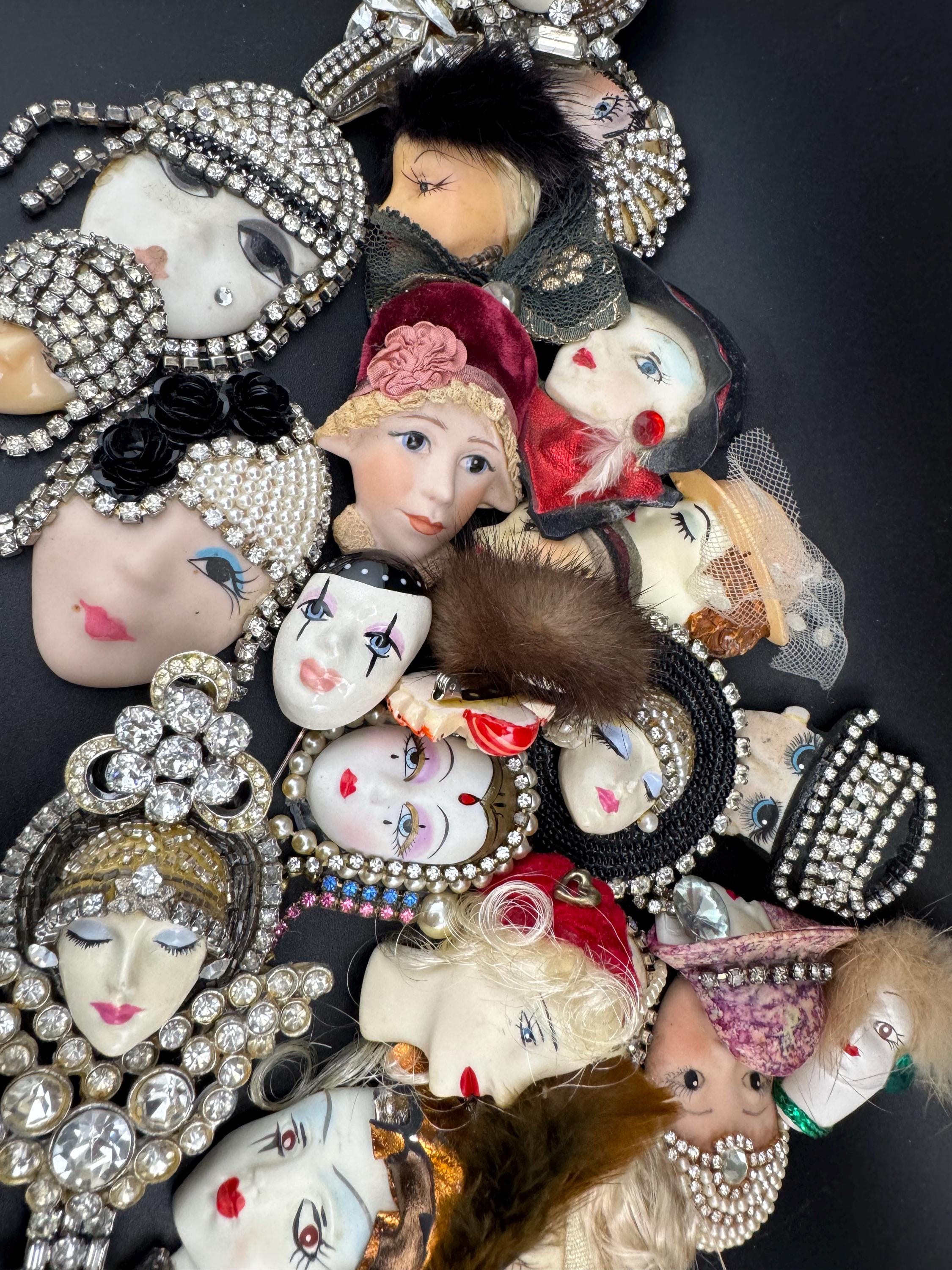 Oversized vintage rhinestone flapper face brooch, art deco lady pin