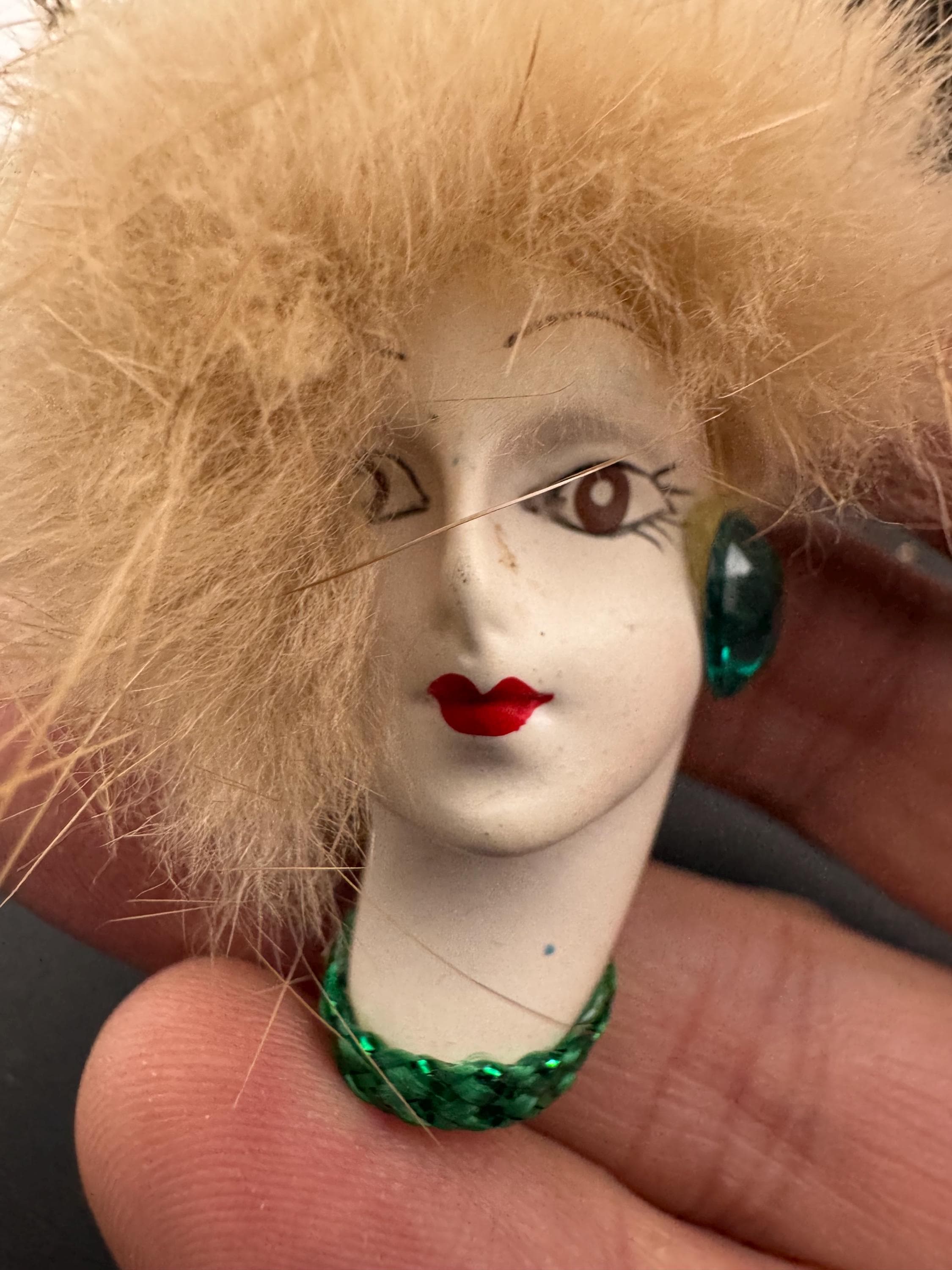 vintage flapper face brooch, art deco lady pin with fur and emerald earring
