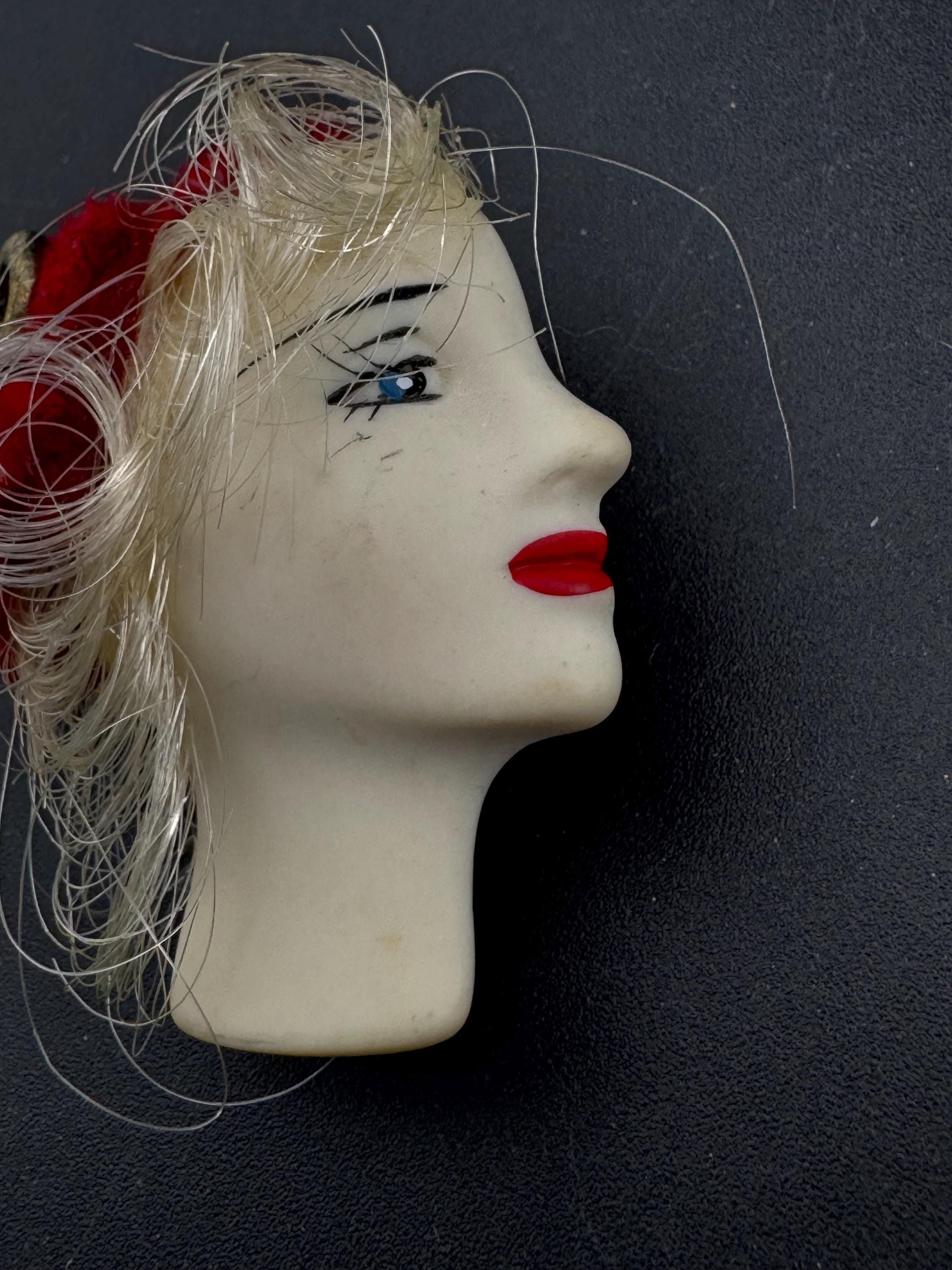 vintage flapper face brooch, art deco lady pin with red hat