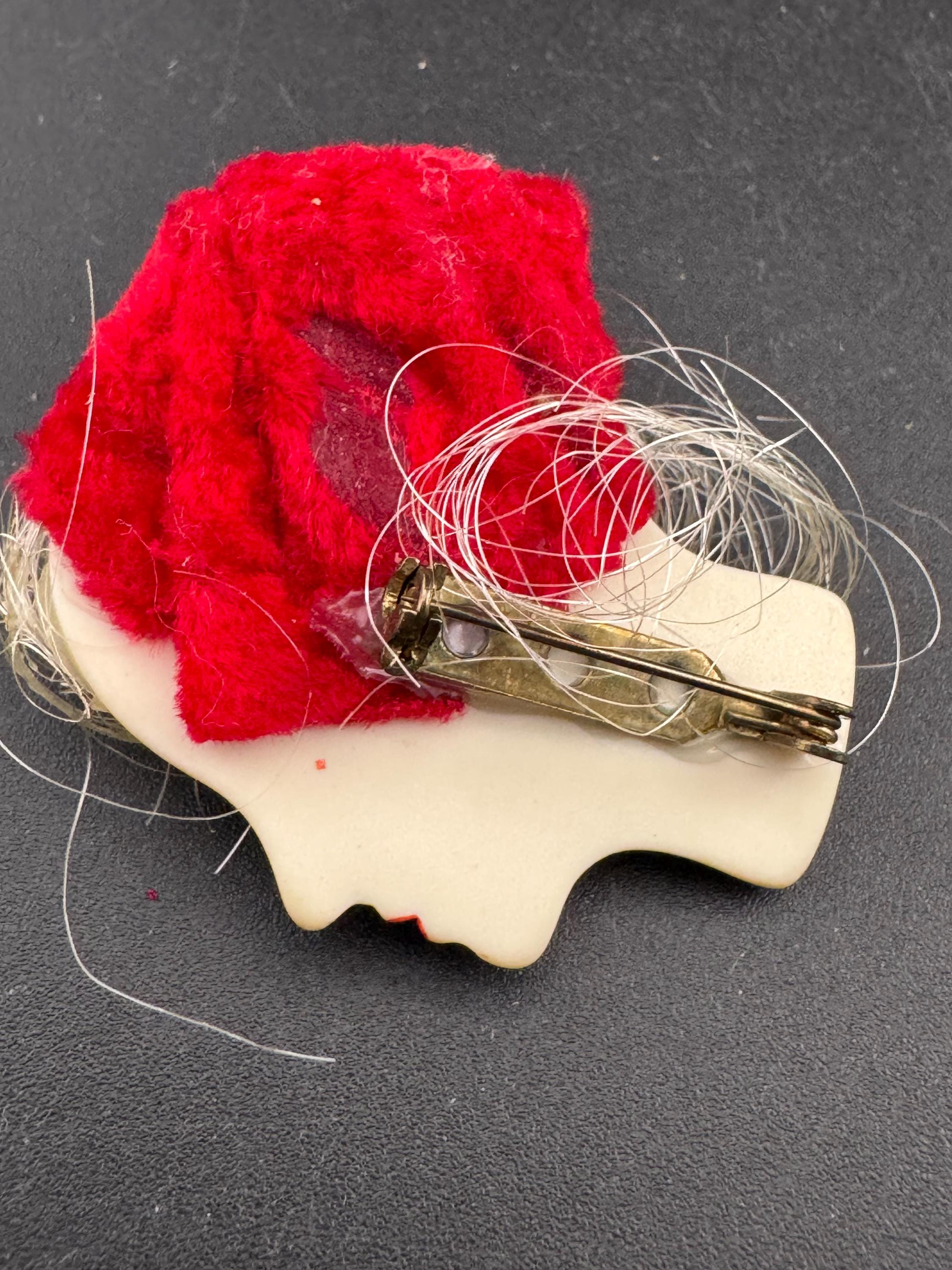 vintage flapper face brooch, art deco lady pin with red hat