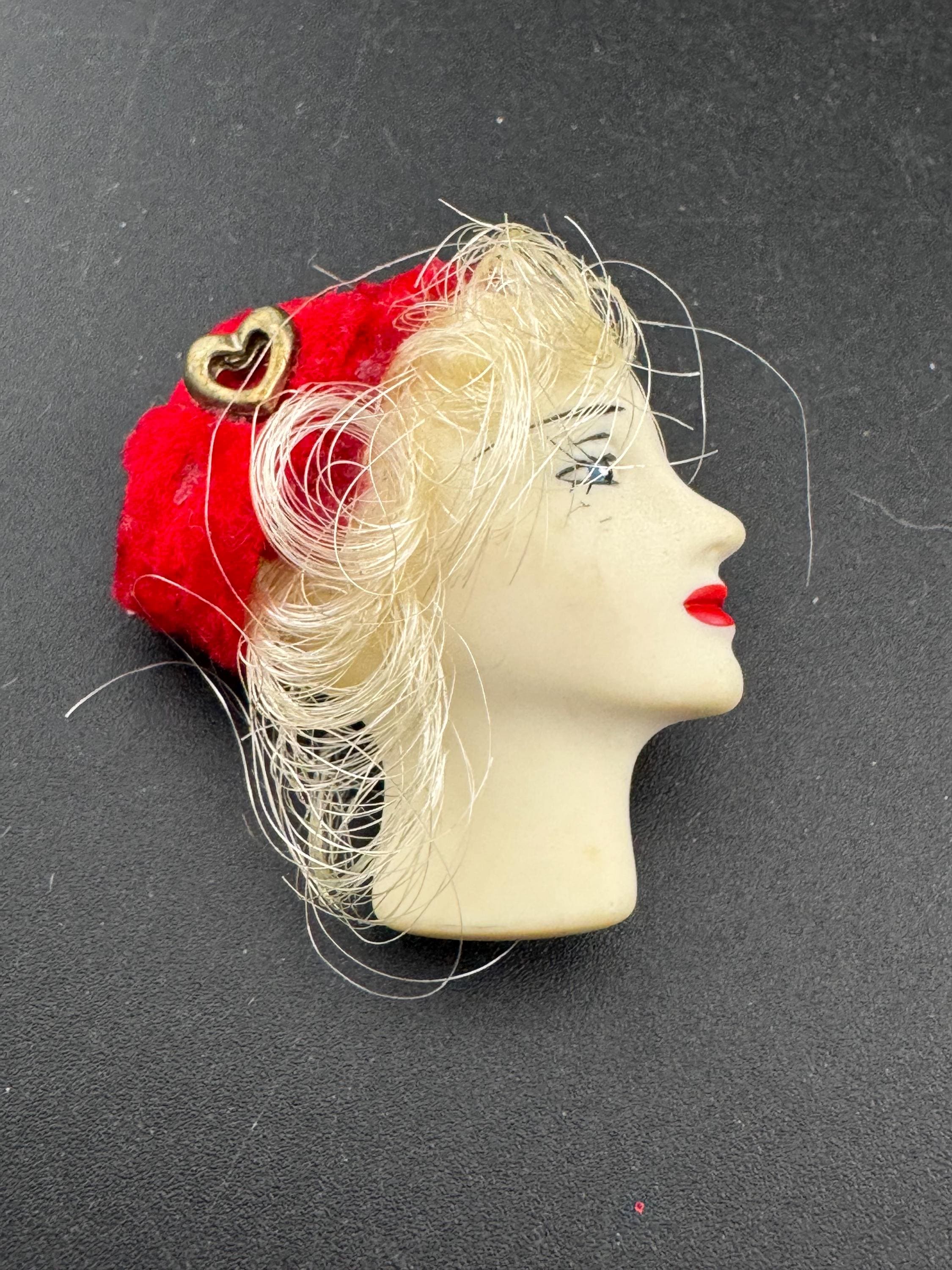 vintage flapper face brooch, art deco lady pin with red hat