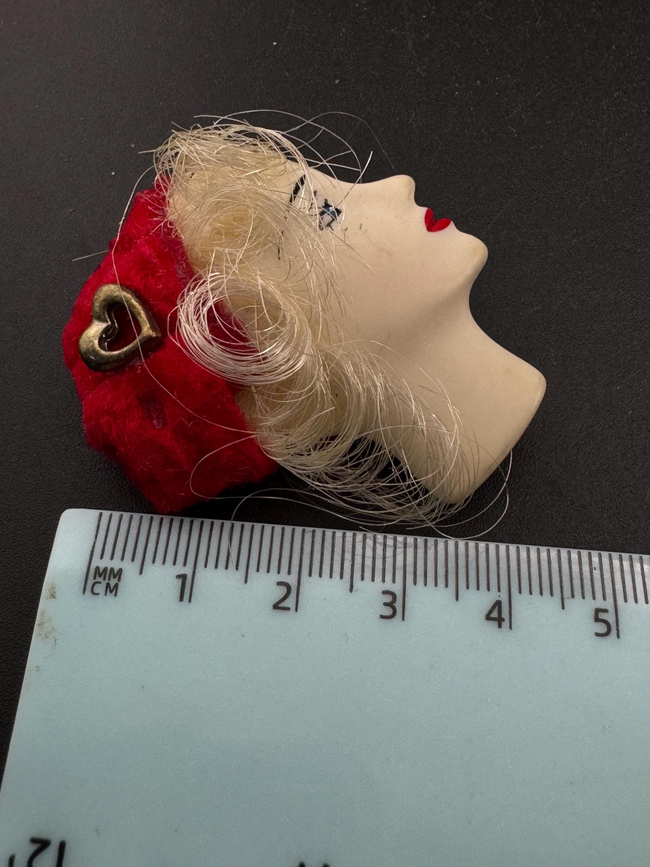vintage flapper face brooch, art deco lady pin with red hat
