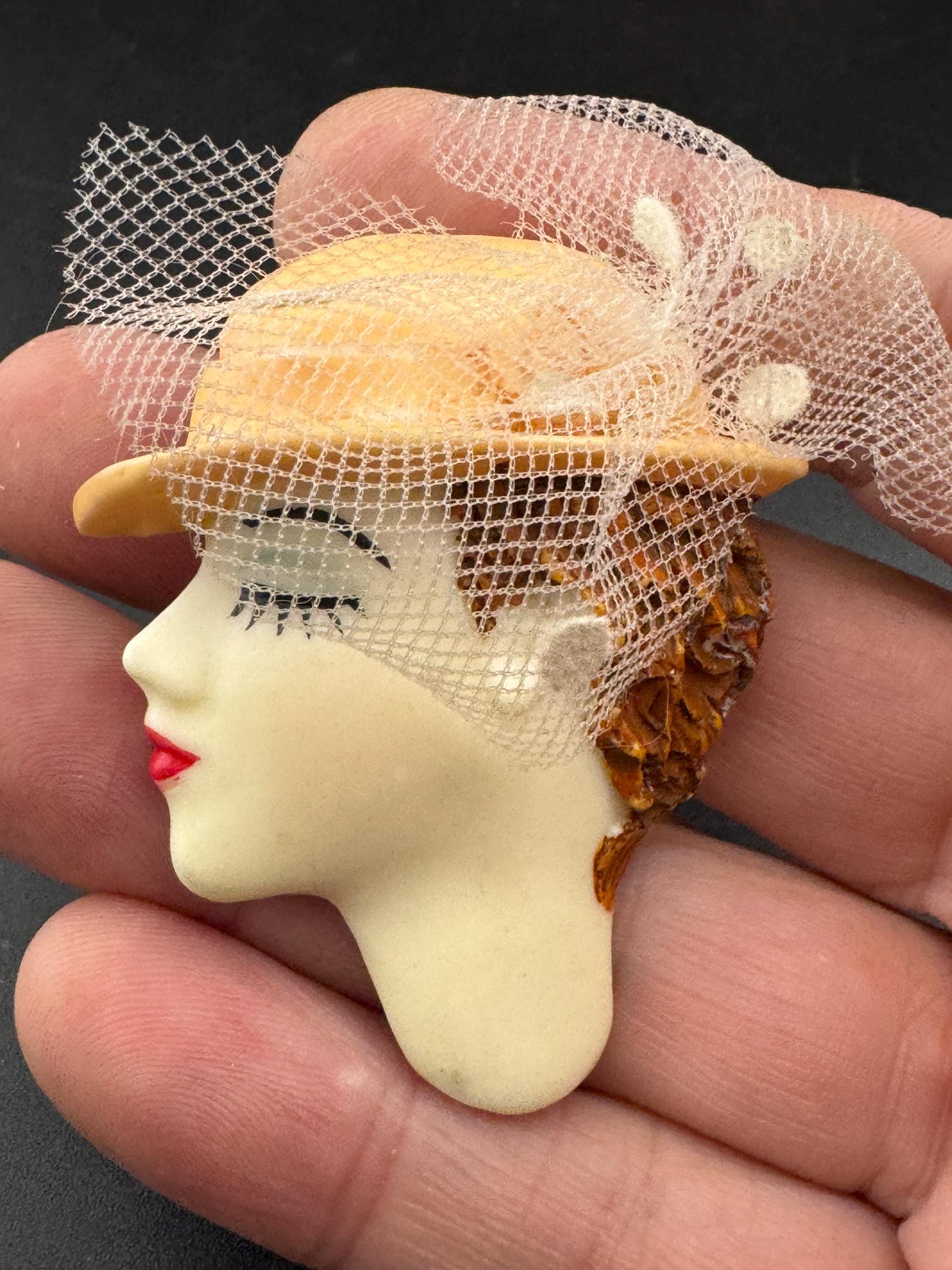 vintage flapper face brooch, art deco lady pin with pink hat