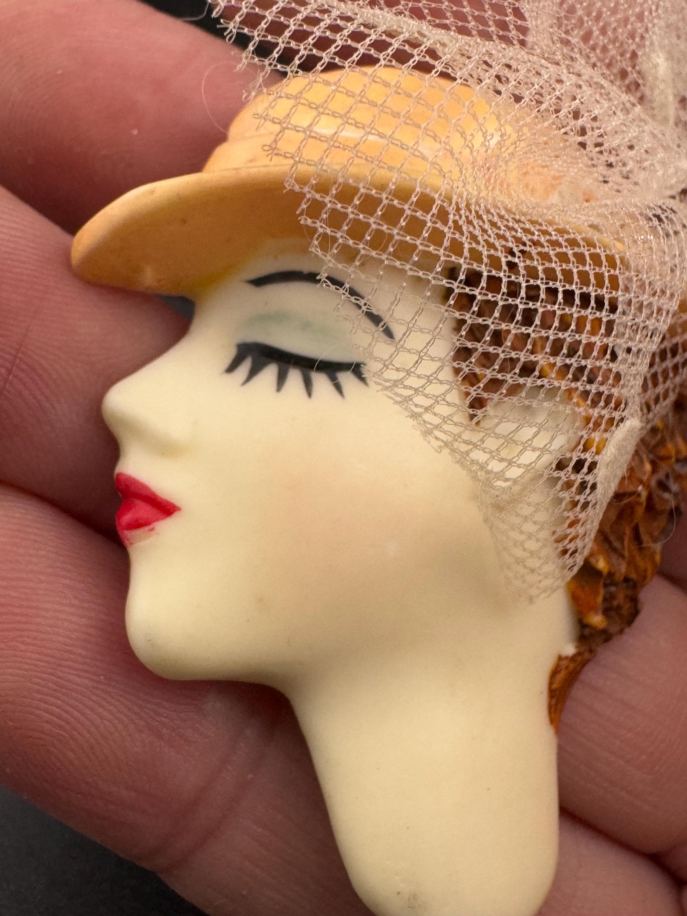 vintage flapper face brooch, art deco lady pin with pink hat