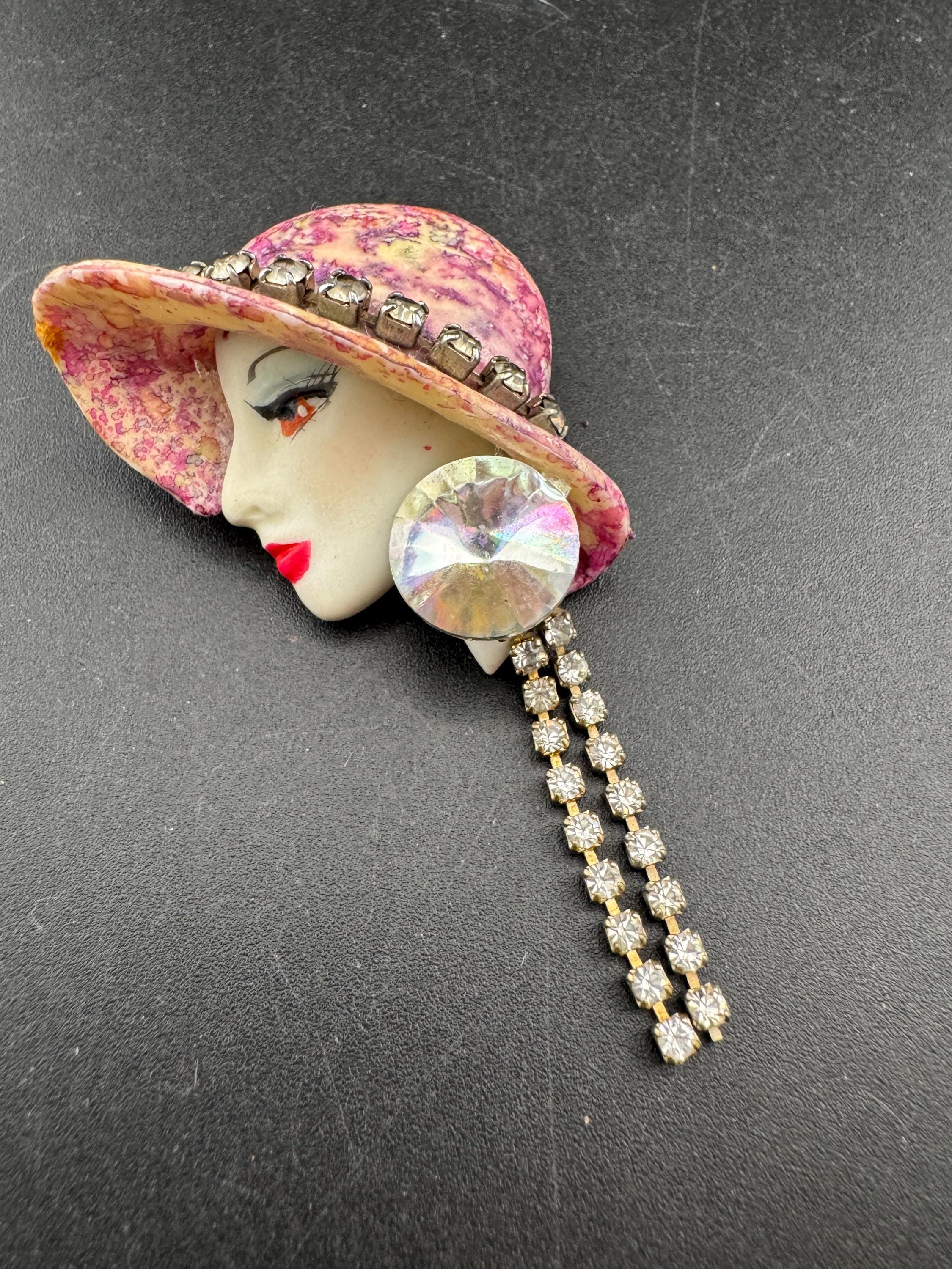 vintage rhinestone flapper face brooch, art deco lady pin with pink hat