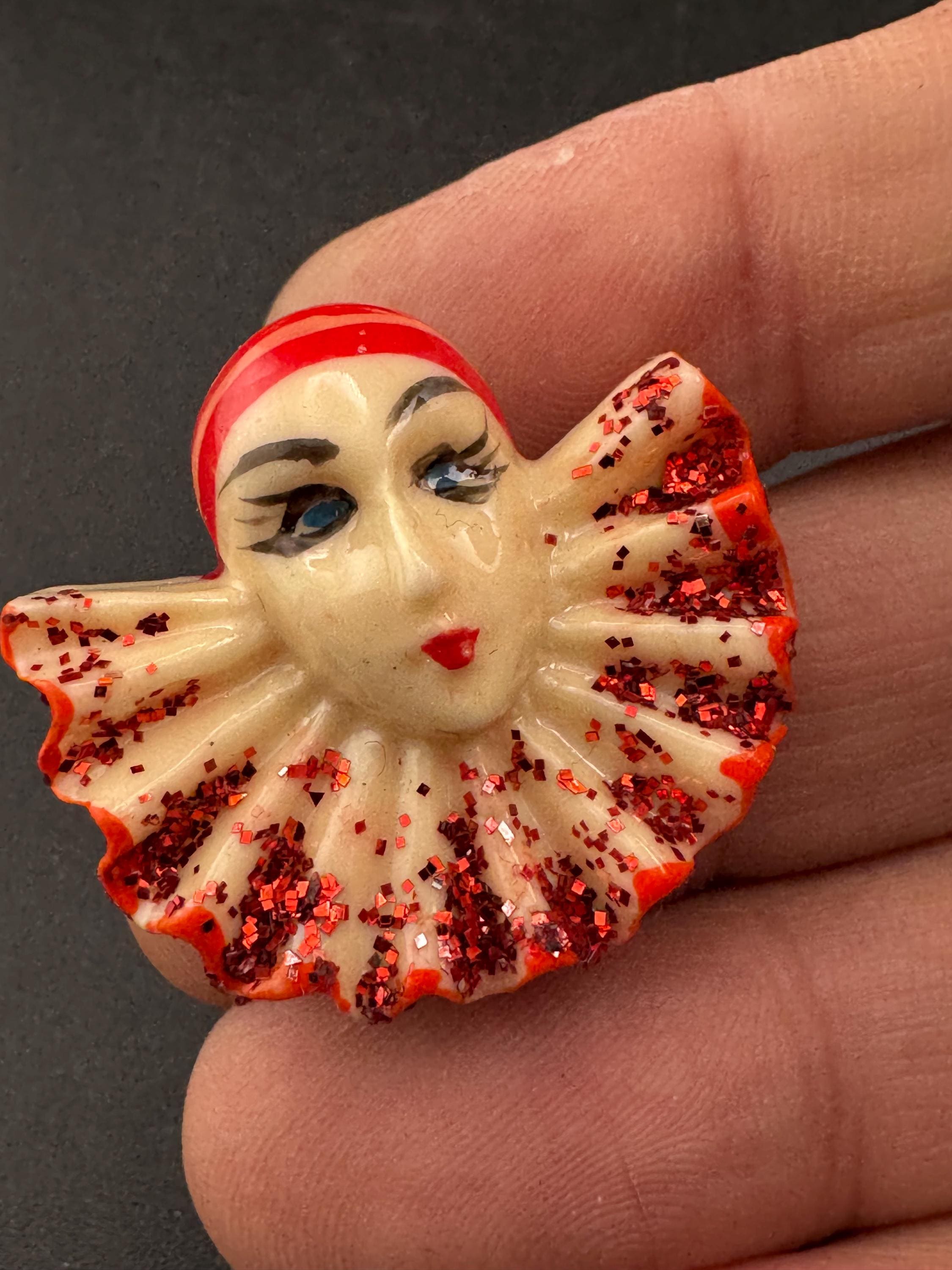 Early plastic art deco Pierrot Brooch: French Clown Pin