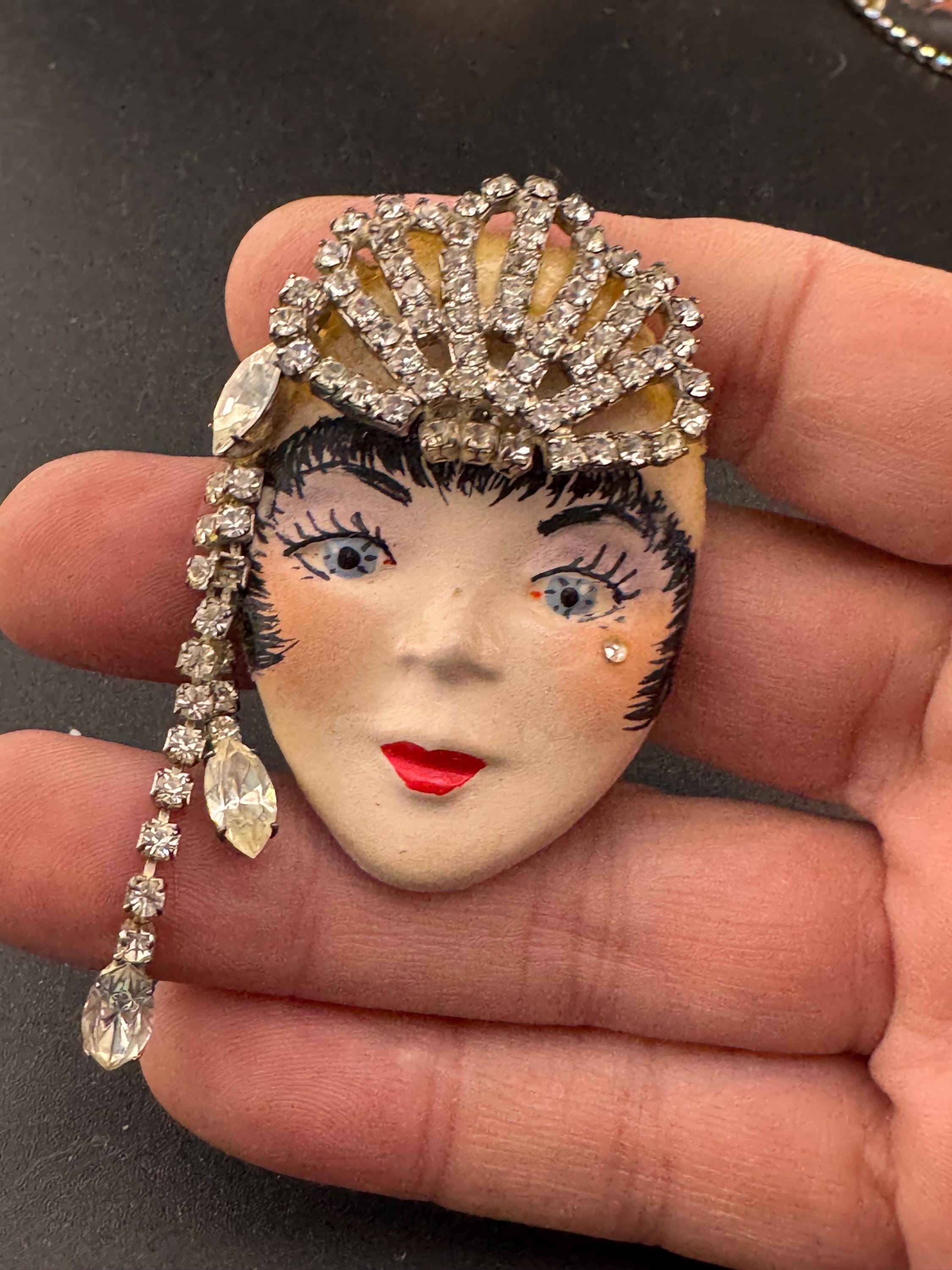 Vintage porcelain rhinestone ceramic flapper face brooch: art deco lady pin