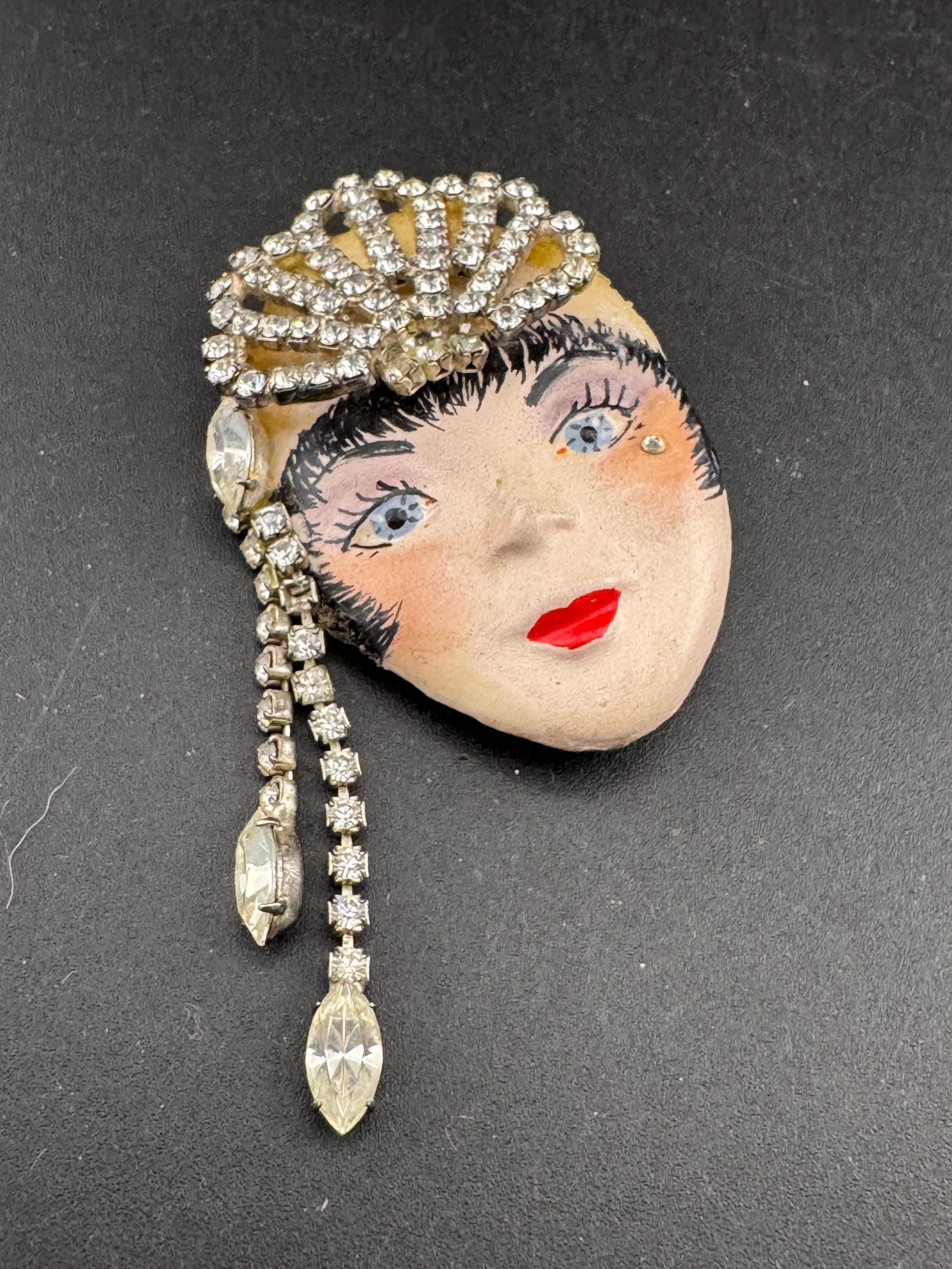 Vintage porcelain rhinestone ceramic flapper face brooch: art deco lady pin