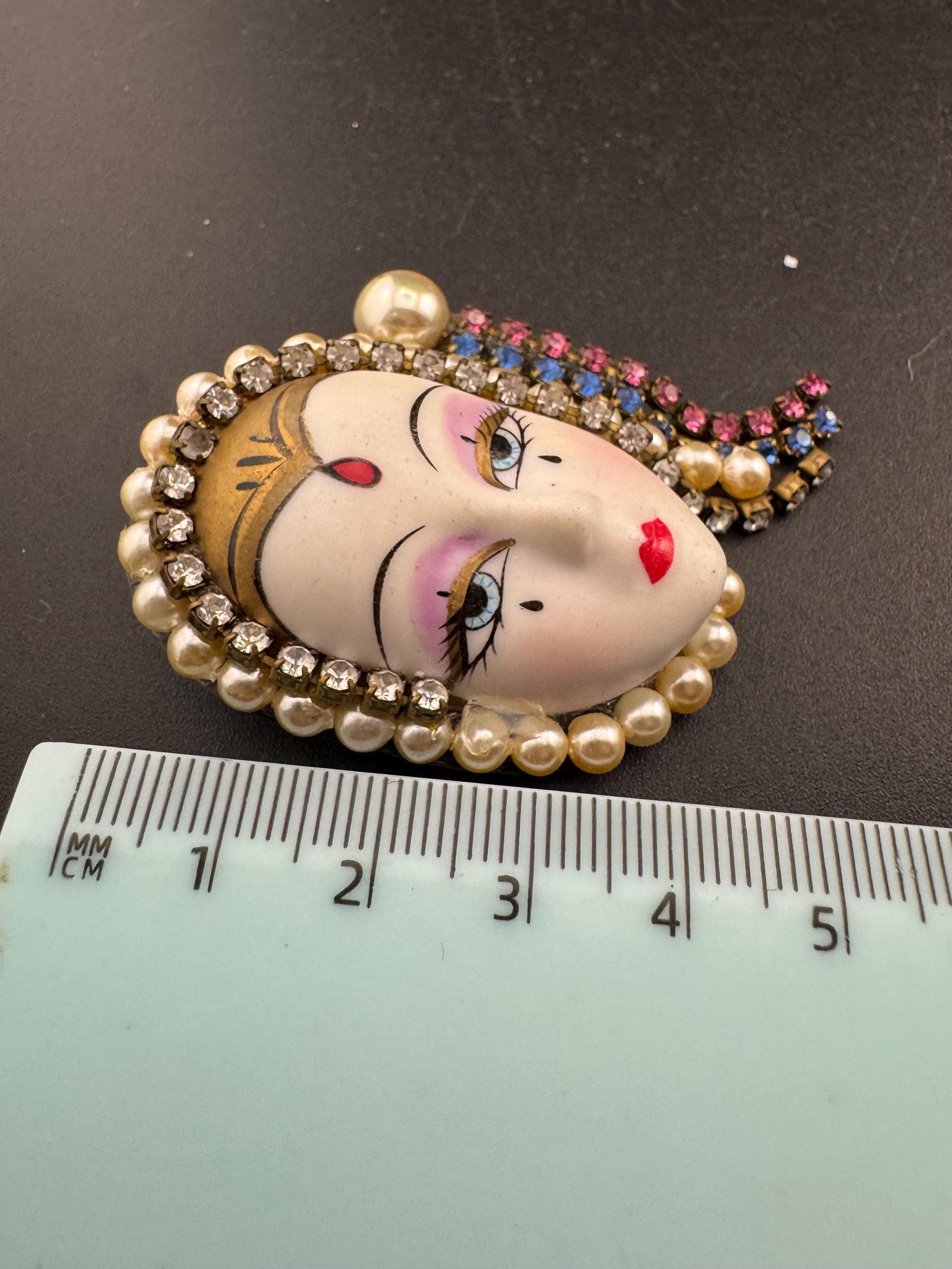 Vintage porcelain rhinestone ceramic flapper face brooch: art deco lady pin