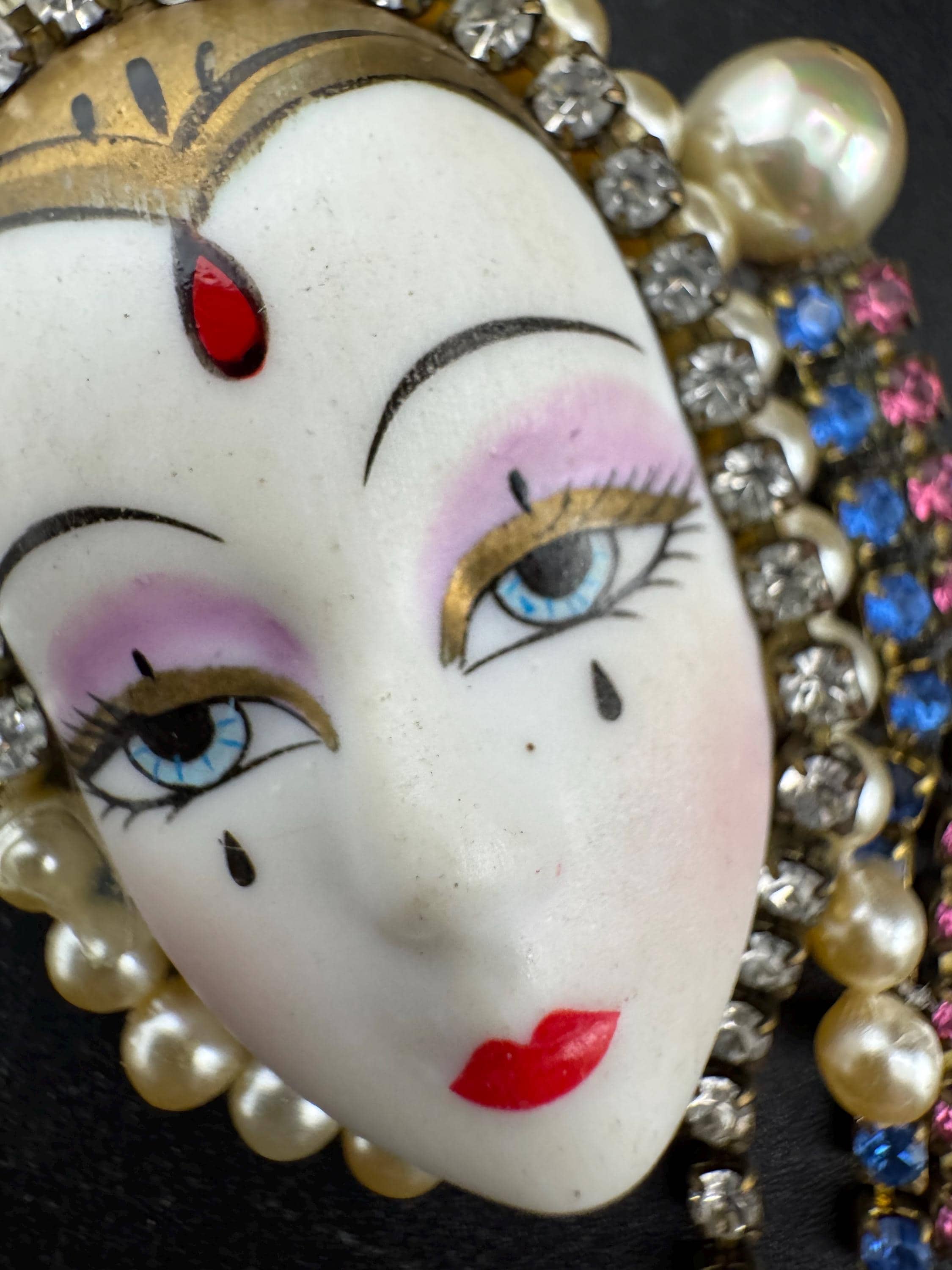 Vintage porcelain rhinestone ceramic flapper face brooch: art deco lady pin