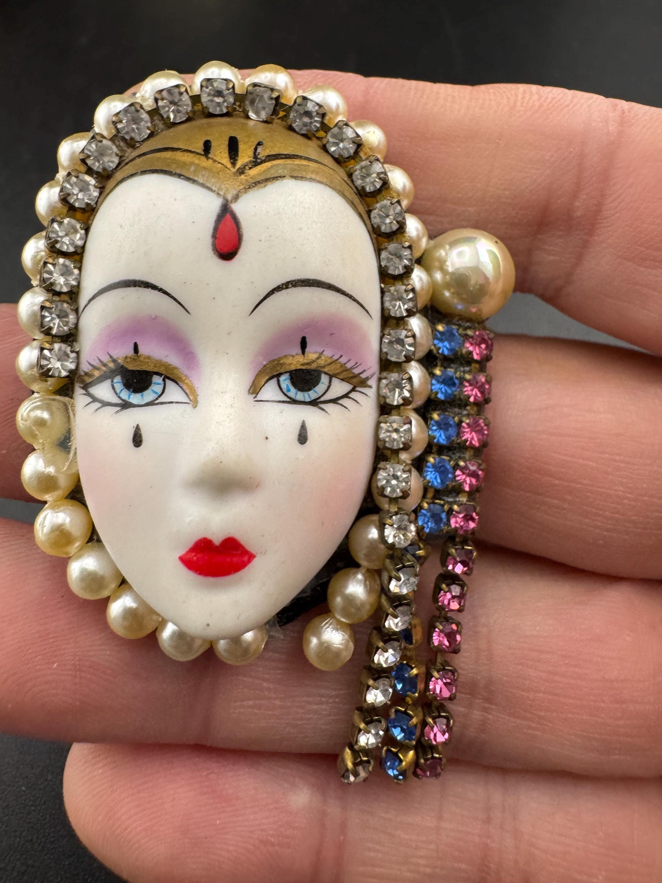 Vintage porcelain rhinestone ceramic flapper face brooch: art deco lady pin