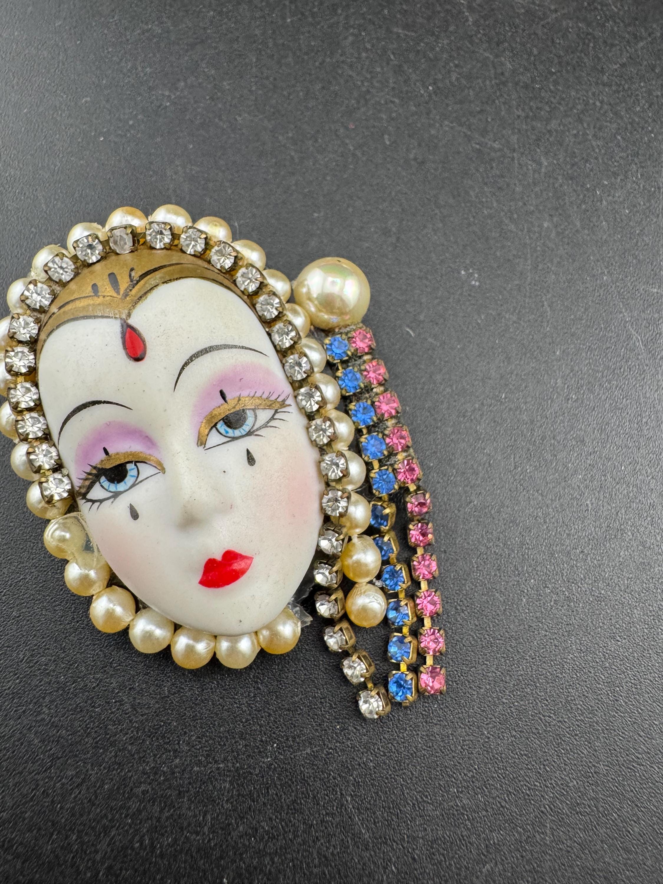 Vintage porcelain rhinestone ceramic flapper face brooch: art deco lady pin